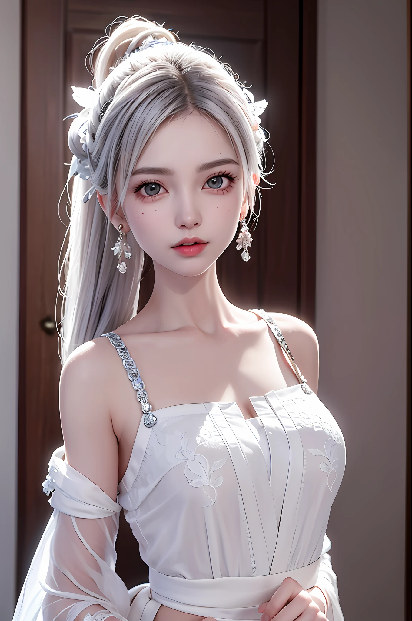 (best quality, masterpiece:1.2), ultra high res, realistic, front lighting, intricate detail, Exquisite details and textures, 1girl, solo ,(young), face highlight, upper body, detailed face, tear mole, white skin, silver hair, ponytail, braid hair, looking at viewer, big eyes, silk robe, (hollow pattern, white, silk), earrings, small breasts, slim body, luxury room, professional lighting, photon mapping, radiosity, physically-based rendering,
