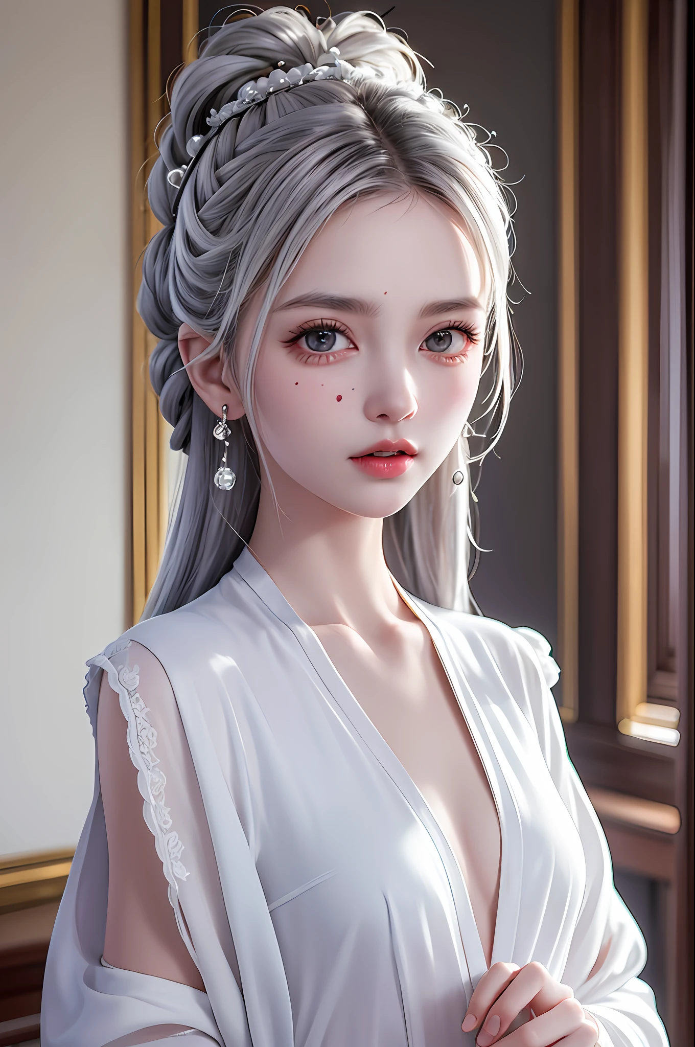 (best quality, masterpiece:1.2), ultra high res, realistic, front lighting, intricate detail, Exquisite details and textures, 1girl, solo ,(young), face highlight, upper body, detailed face, tear mole, white skin, silver hair, ponytail, braid hair, looking at viewer, big eyes, silk robe, (hollow pattern, white, silk), earrings, small breasts, slim body, luxury room, professional lighting, photon mapping, radiosity, physically-based rendering,
