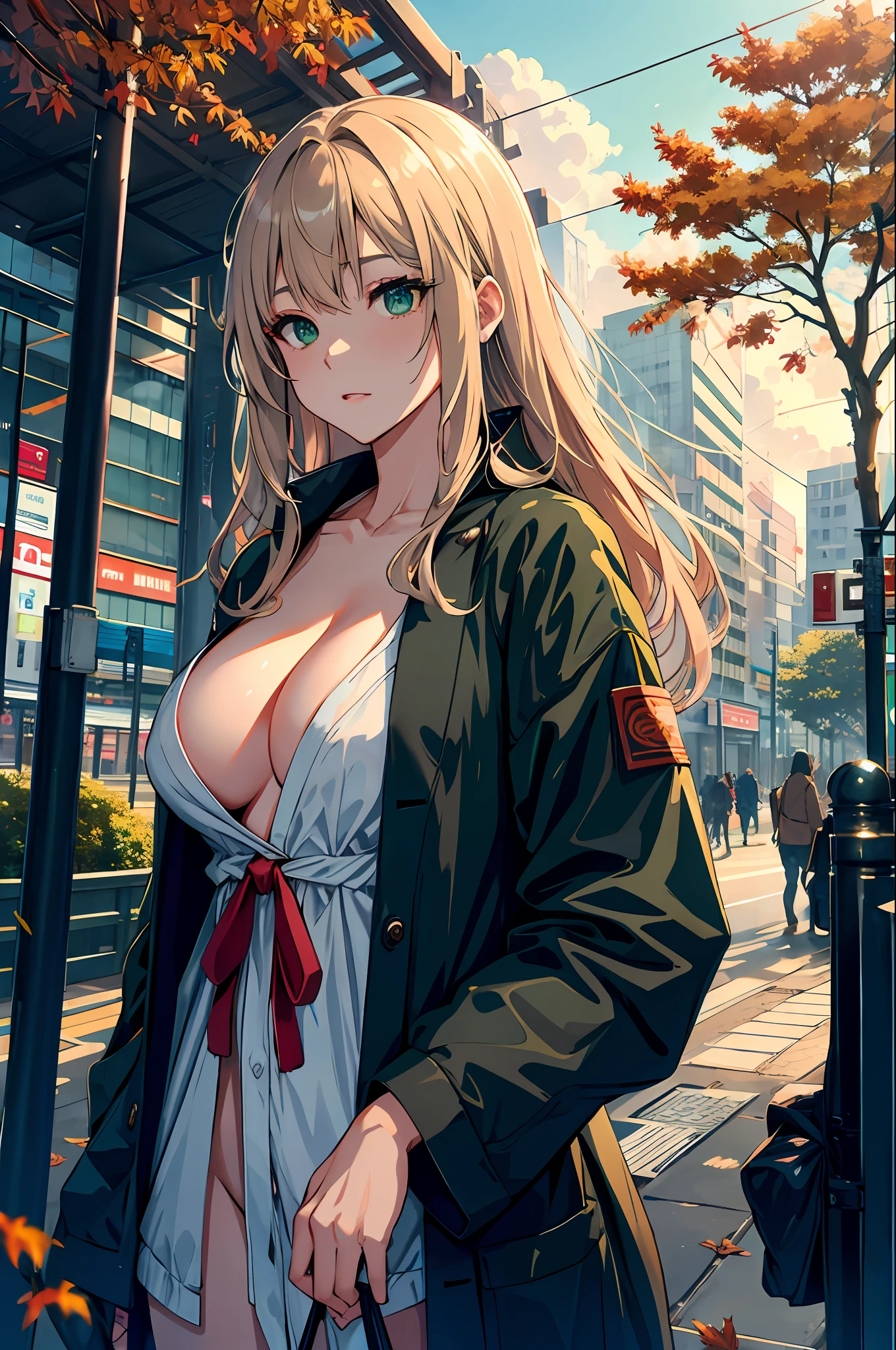 japan, high resolution, highest quality, illustration, ultra detailed, (detailed face), (detailed eyes), soft lighting, best quality, misty glow, dreamy atmosphere, hyper detailed, masterpiece, 1 girl, solo, long hair, green eyes, full breasts, scantily clad, outdoors, evening, clouds, high rise buildings in background, industrial, public transportation, urban, concrete buildings, sidewalk, busy, trees, autumn, falling leaves,