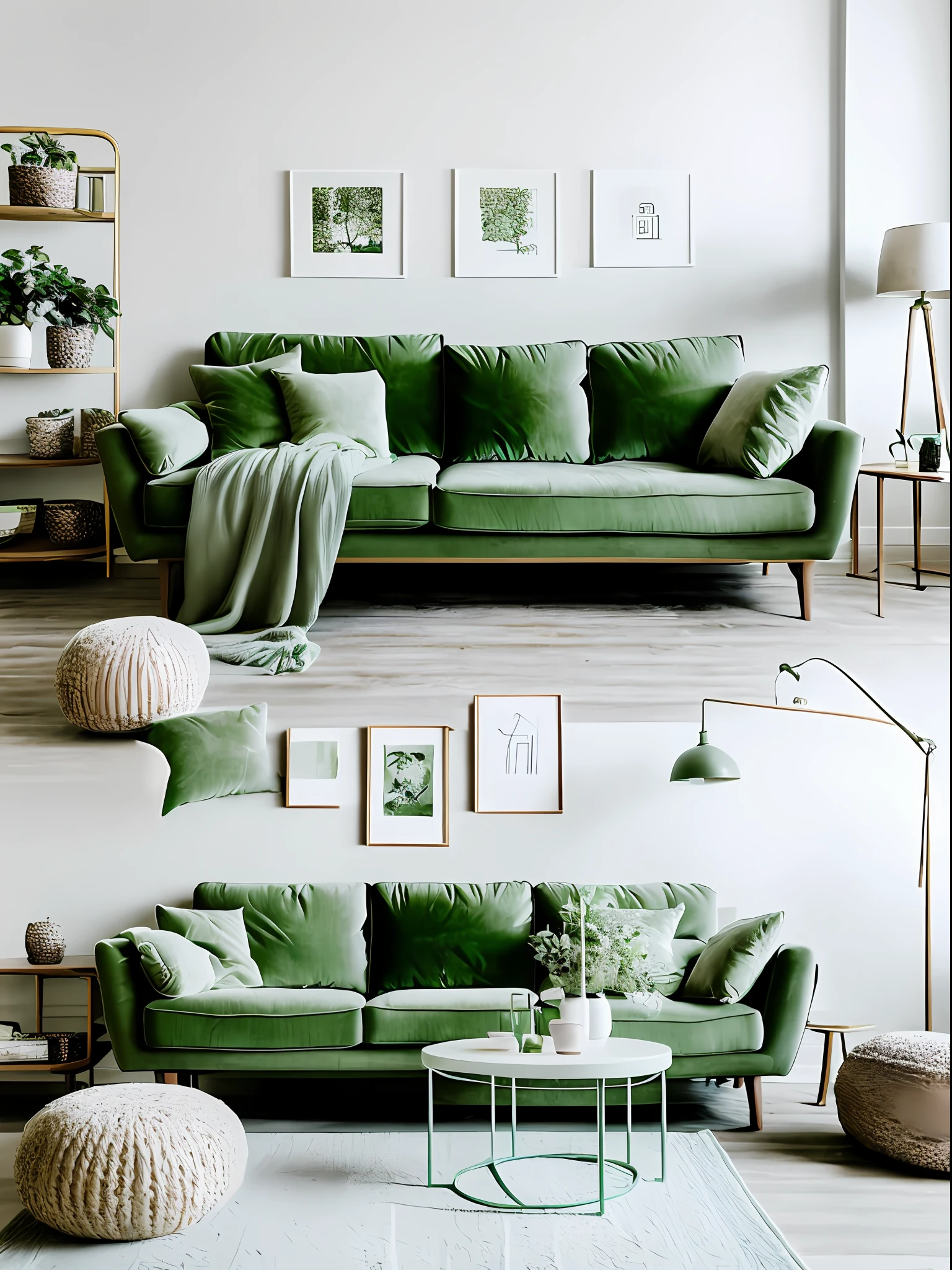 There is a light green sofa in the living room, three square throw pillows in green matte velvet are placed on the sofa, the throw pillows are filled with filling, the light is daylight, real photography, real photography, real photography, beige room, high quality, high quality, super realistic rendering, super realistic rendering, realistic rendering, front view