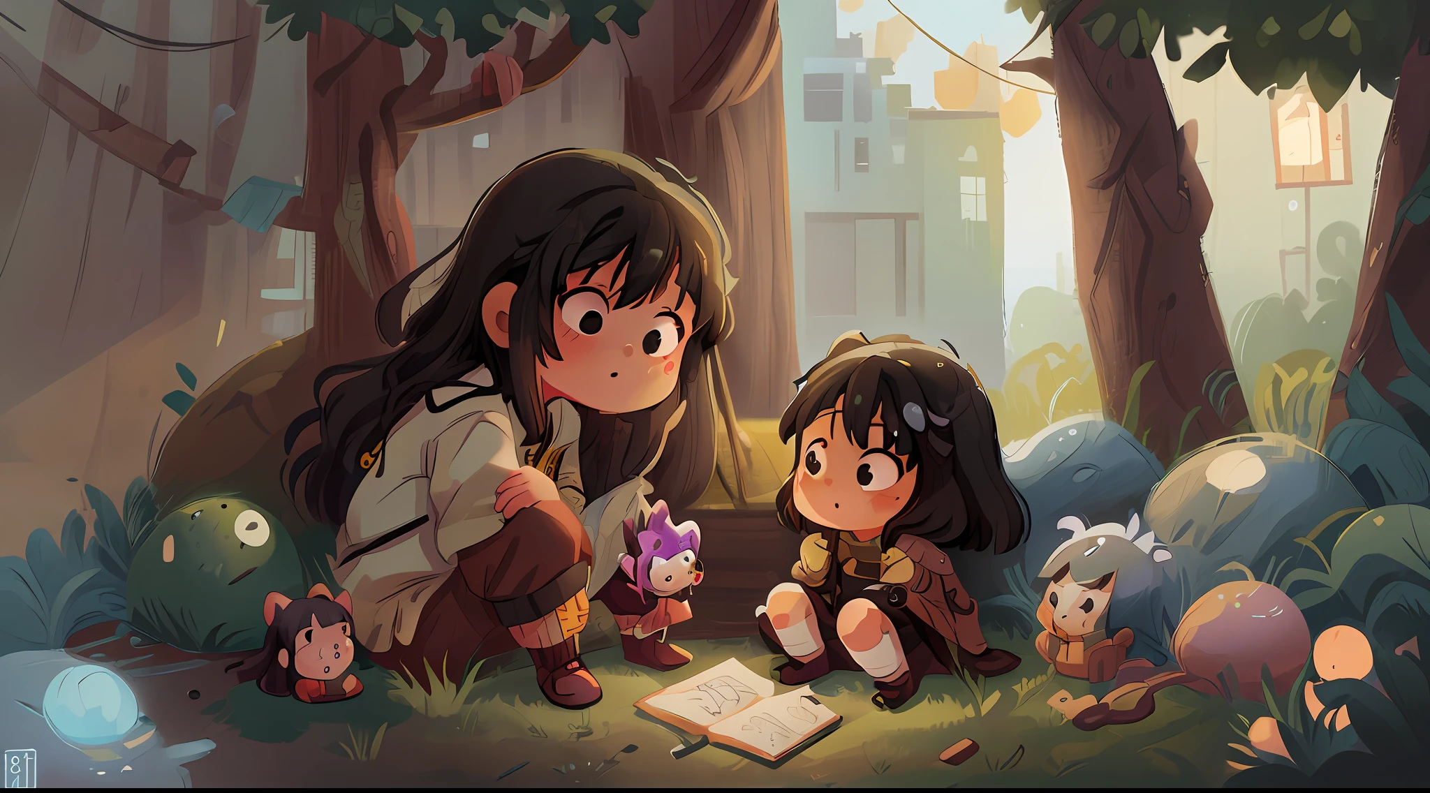 there is an adult with her little daughter, both black-haired, sitting outside a very poor small house, a storybook illustration by Yeong-Hao Han, pixiv, concept art, children's art in artstation, art in the style of guweiz, lovely digital painting, a beautiful art illustration, guweiz in artstation pixiv, guweiz in pixiv artstation, cute detailed digital art