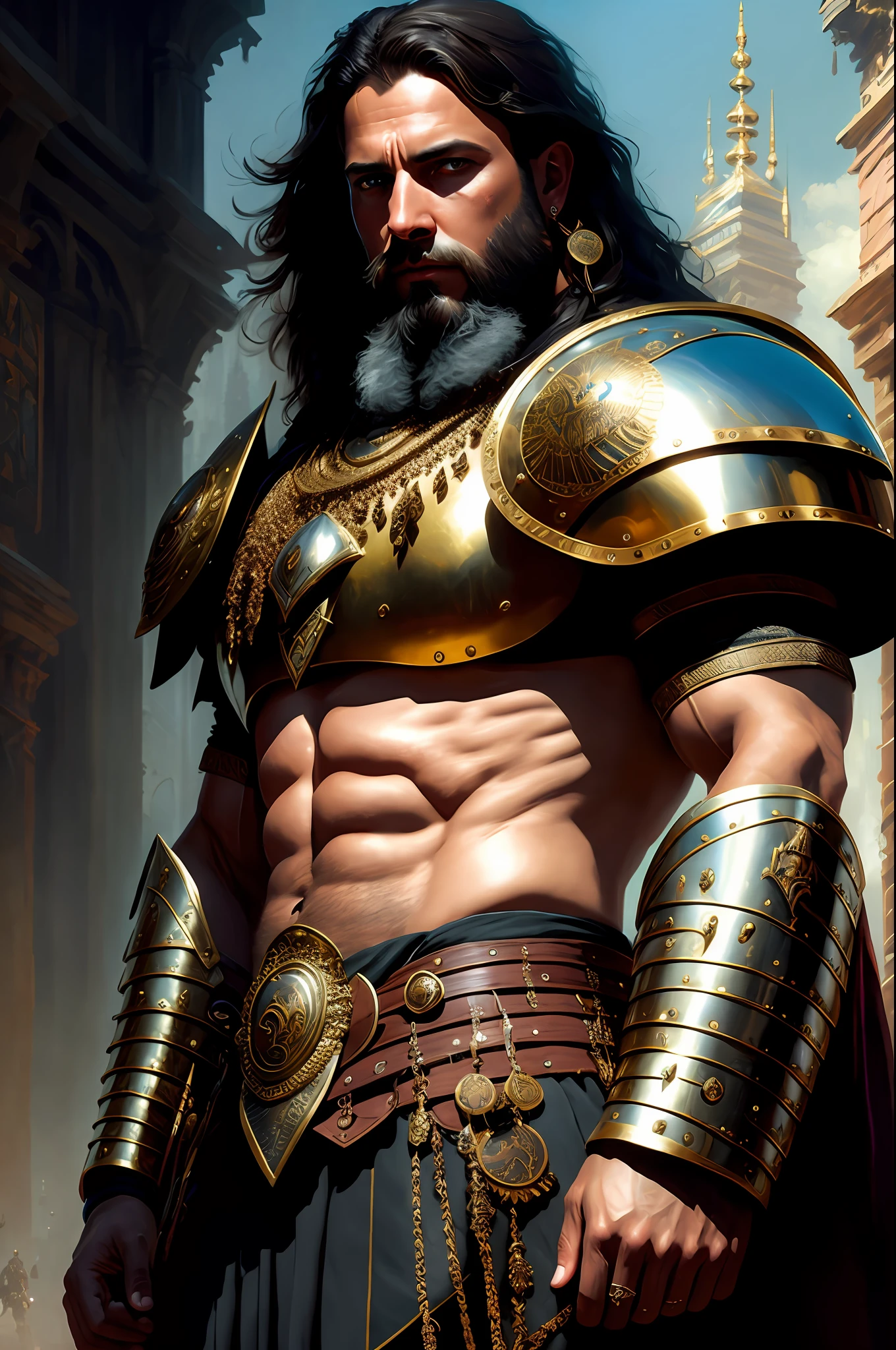 modelshoot style, (extremely detailed CG 8k wallpaper), body photo of the most beautiful artwork in the world, medieval armor, body portrait, Nimrod the first king of Babylon, hunter, barbarian, macho man, majestic professional oil painting by Ed Blinkey, Atey Ghailan, Studio Ghibli, by Jeremy Mann, Greg Manchess, Antonio Moro, trend at ArtStation, trend at CGSociety, Intricate, High Detail, Sharp Focus, Dramatic and Photorealistic Painting Art by Midjourney and Greg Rutkowski