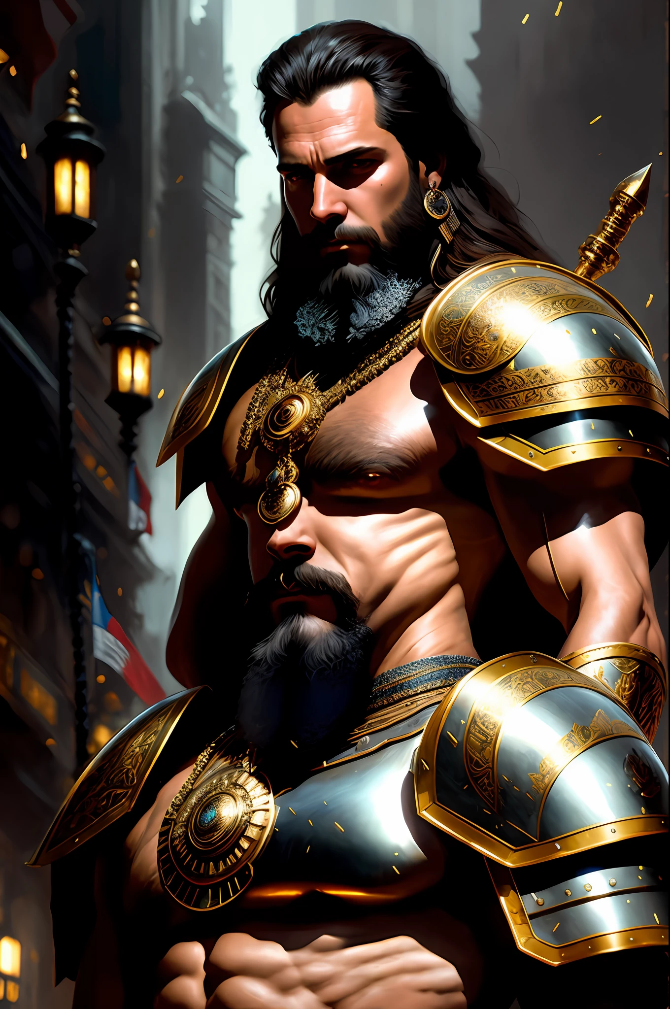 modelshoot style, (extremely detailed CG 8k wallpaper), body photo of the most beautiful artwork in the world, medieval armor, body portrait, Nimrod the first king of Babylon, hunter, barbarian, macho man, majestic professional oil painting by Ed Blinkey, Atey Ghailan, Studio Ghibli, by Jeremy Mann, Greg Manchess, Antonio Moro, trend at ArtStation, trend at CGSociety,  Intricate, High Detail, Sharp Focus, Dramatic and Photorealistic Painting Art by Midjourney and Greg Rutkowski