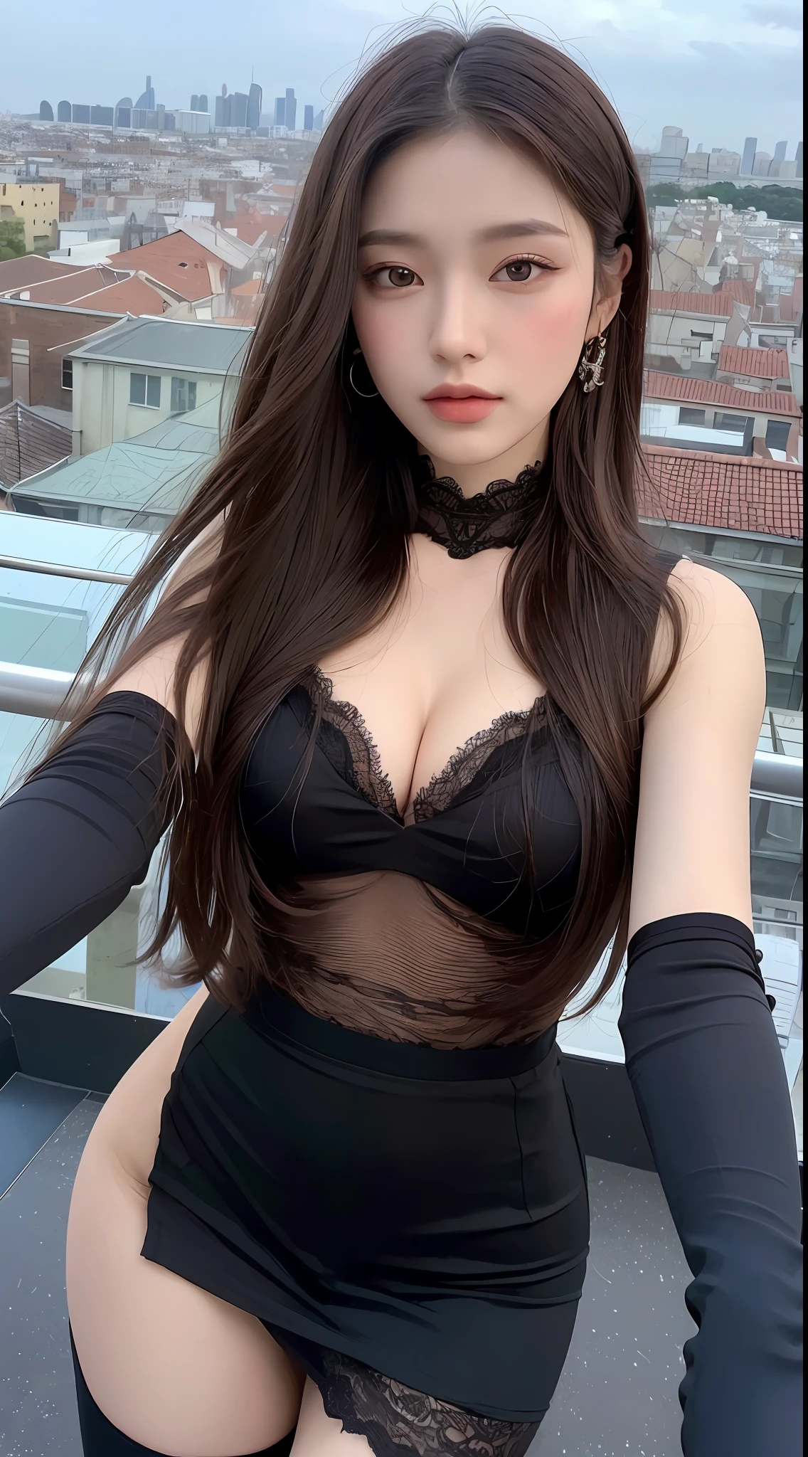 ((Midnight, Premium, 8K, Masterpiece: 1.3)), Full body, Long legs, Focal length: 1.1, (Perfect Body Beauty: 1.4), Slim Abs: 1.1, ((Dark Brown Hair, Big Breasts: 1.2 )), (Tights: 1.1, Lace Pleated Skirt: 1.1), ((City View, Roof: 1.3)), Highly detailed face and skin texture, Detailed eyes, Double eyelids