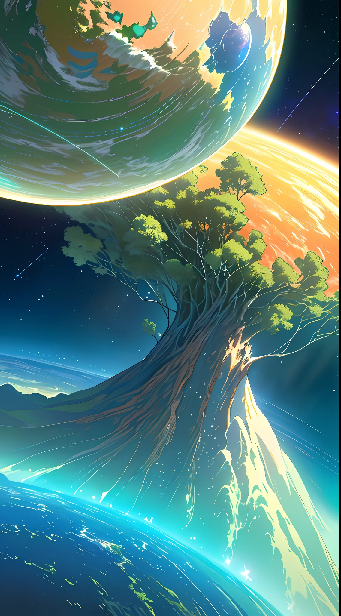 (Best Quality, Masterpiece), A Huge Planet, Beautiful Earth, ((No Humans)) (Magical, Fascinating, Beautiful Planet), (Living, Plants, Green), (Bright Stars), (Ultra Detail, Dynamic Camera), (Wide Angle), (Celestial Illumination), (Vivid Colors and Saturation)