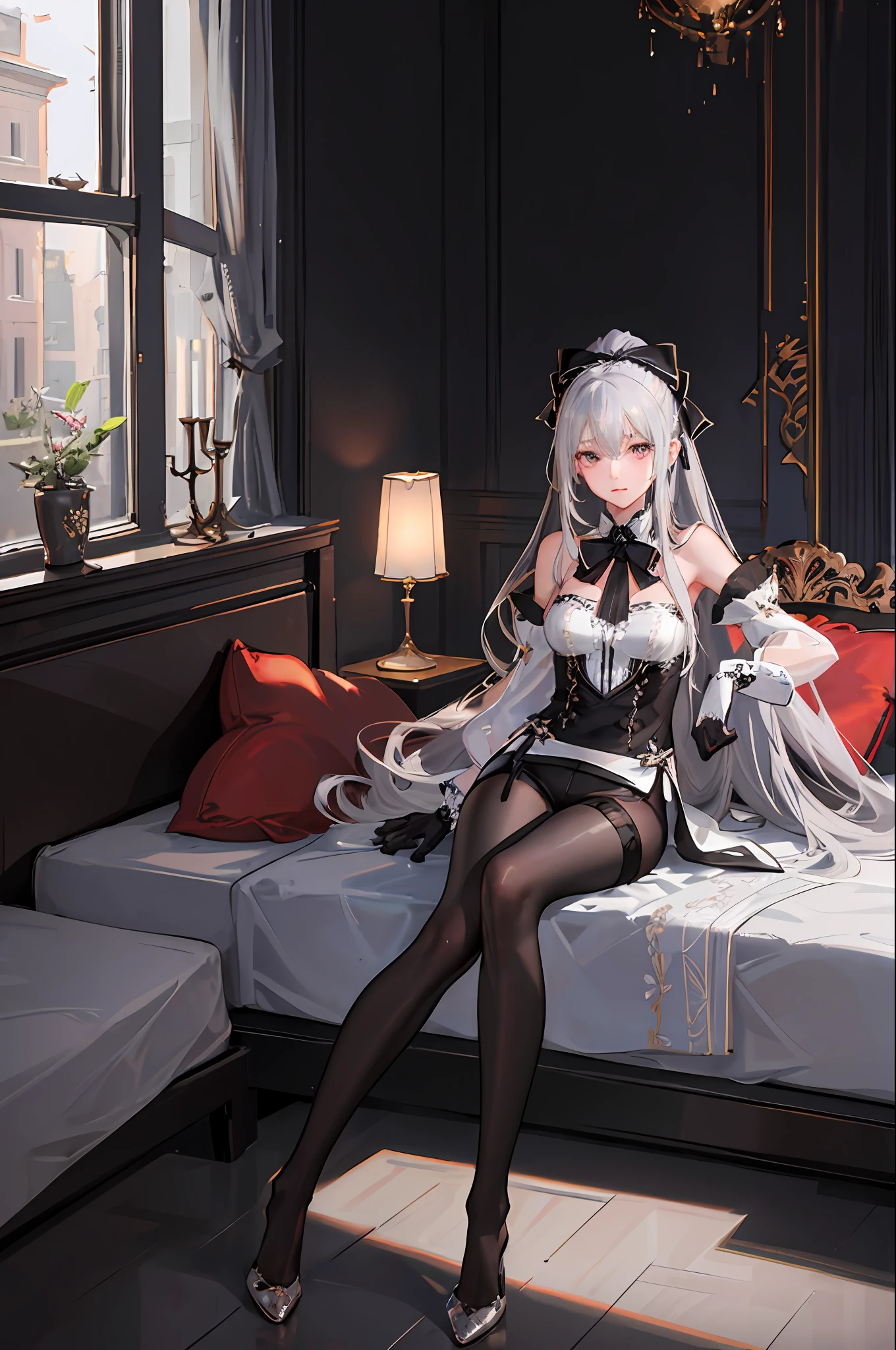 (((1 girl)),ray tracing,(dim lighting),[detailed background (bedroom)),((silver hair)),((silver hair)),(Fluffy silver hair, plump slender girl)) with high ponytail)))) Avoid blonde eyes in the ominous bedroom ((((Girl wears intricately embroidered black high-waisted pants with pantyhose) and white ruffled bow gloves), showing a delicate slim figure and graceful curves, correct limbs, sitting on the bed