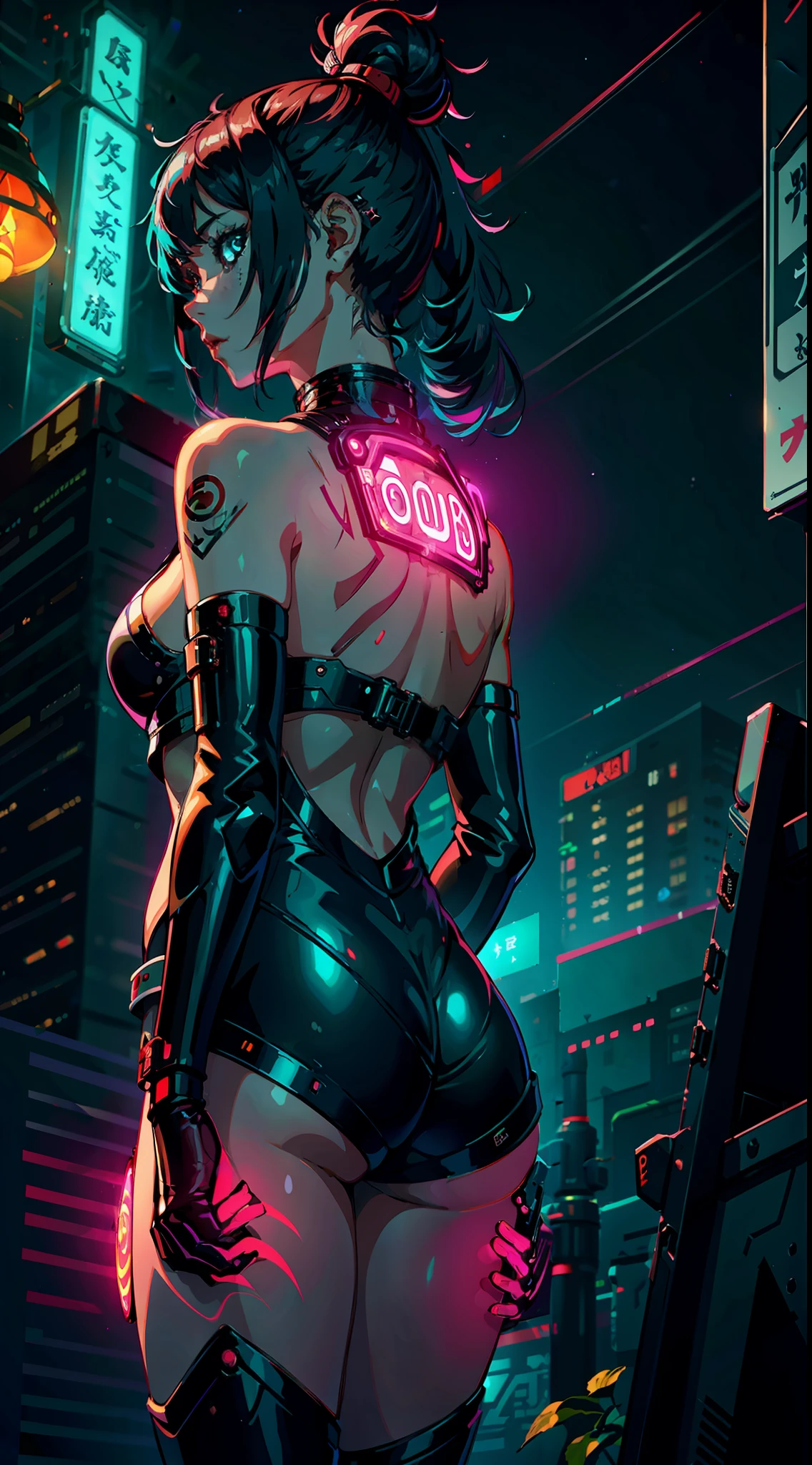1girl, solo, girl, close up, futuristic outfit, neon samurai, very handsome cyberpunk samurai, cyberpunk samurai, ghost blade style, cyberpunk style, cyberpunk neon style, video game character, synthwave image, cyberpunk, concept art neon glow, moon, lantern, night, solo, outdoor, sky, full moon, rain, mountain, cloud, paper lantern, night sky, reflection,, {{(masterpiece),(extremely detailed CG unity 8k wallpaper), (side boobs), best quality,solo,cinematic lighting,detailed background,beautiful detailed eyes,bright pupils,(an extremely delicate and beautiful),(beautiful and detailed eye description),ultra-detailed,masterpiece,}}, detailed eyes, beautiful eyes, realistic eyes, beautiful eyes, perfect eyes, rear view, (Anamorphic rays, ramen shop), glow, depth of field