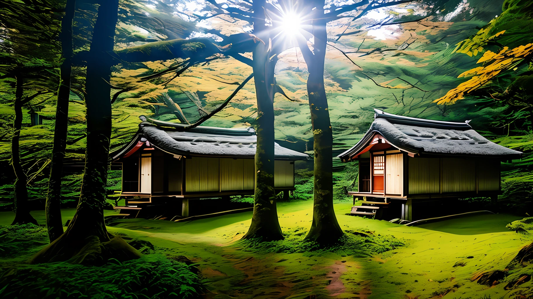 Tiny huts hidden in the woods, Japan landscape, RAW photo, realistic, from side, god rays, bloom, UHD, masterpiece, award winning, best quality, 16k