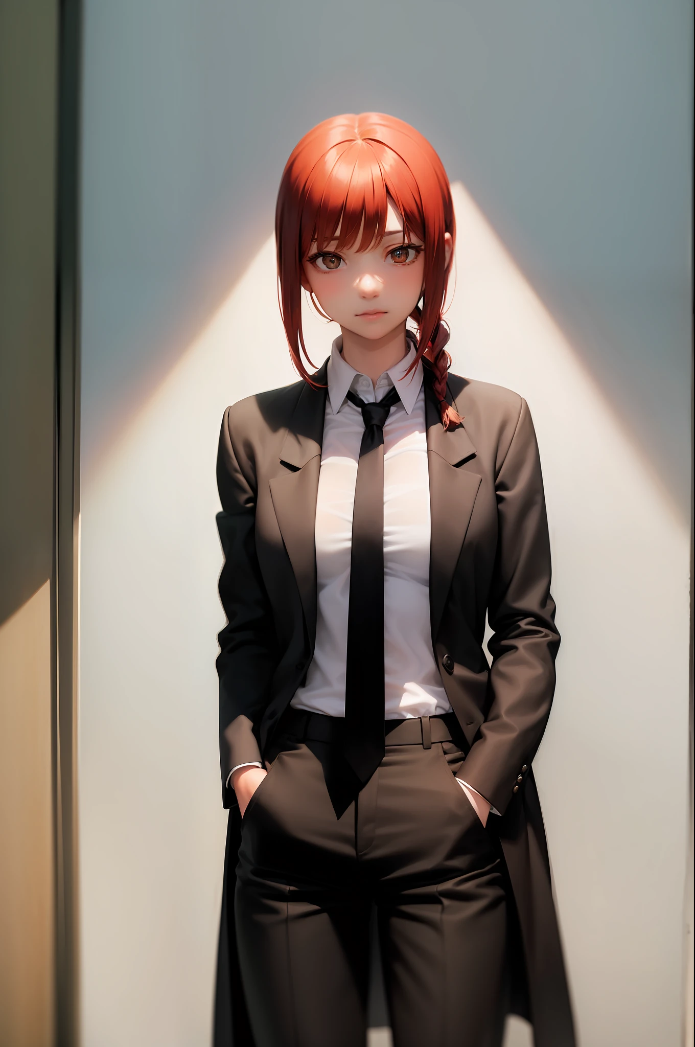 (masterpiece, best quality:1.2), cowboy shot, solo, 1girl, makima, expressionless, closed mouth, looking at viewer, hands in pockets, braided ponytail, ringed eyes, formal, coat, collared shirt, black necktie, black pants
