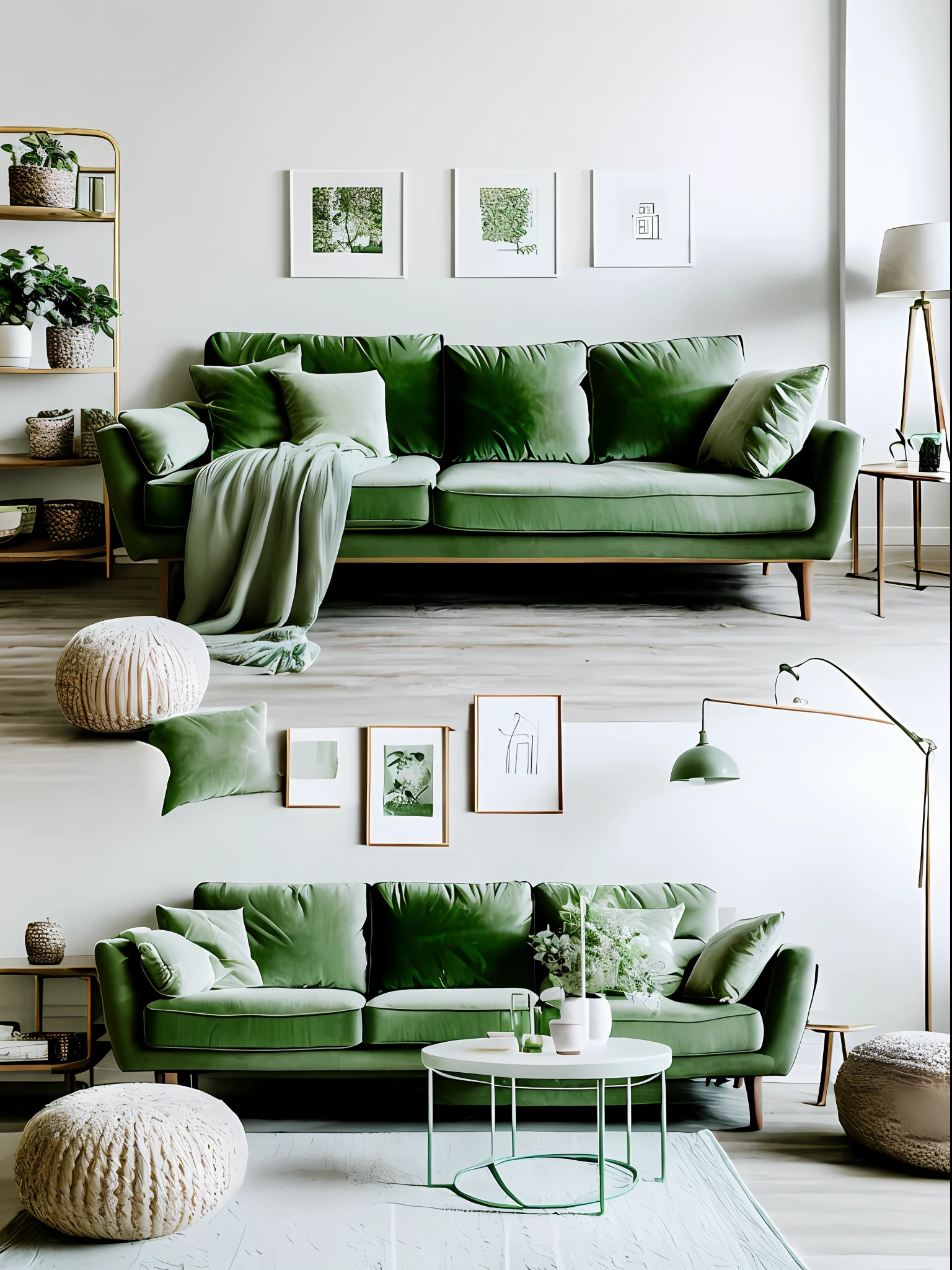 There is a light green sofa in the living room, three square throw pillows in green matte velvet are placed on the sofa, the throw pillows are filled with filling, the light is daylight, real photography, real photography, real photography, beige room, high quality, high quality, super realistic rendering, super realistic rendering, realistic rendering, front view