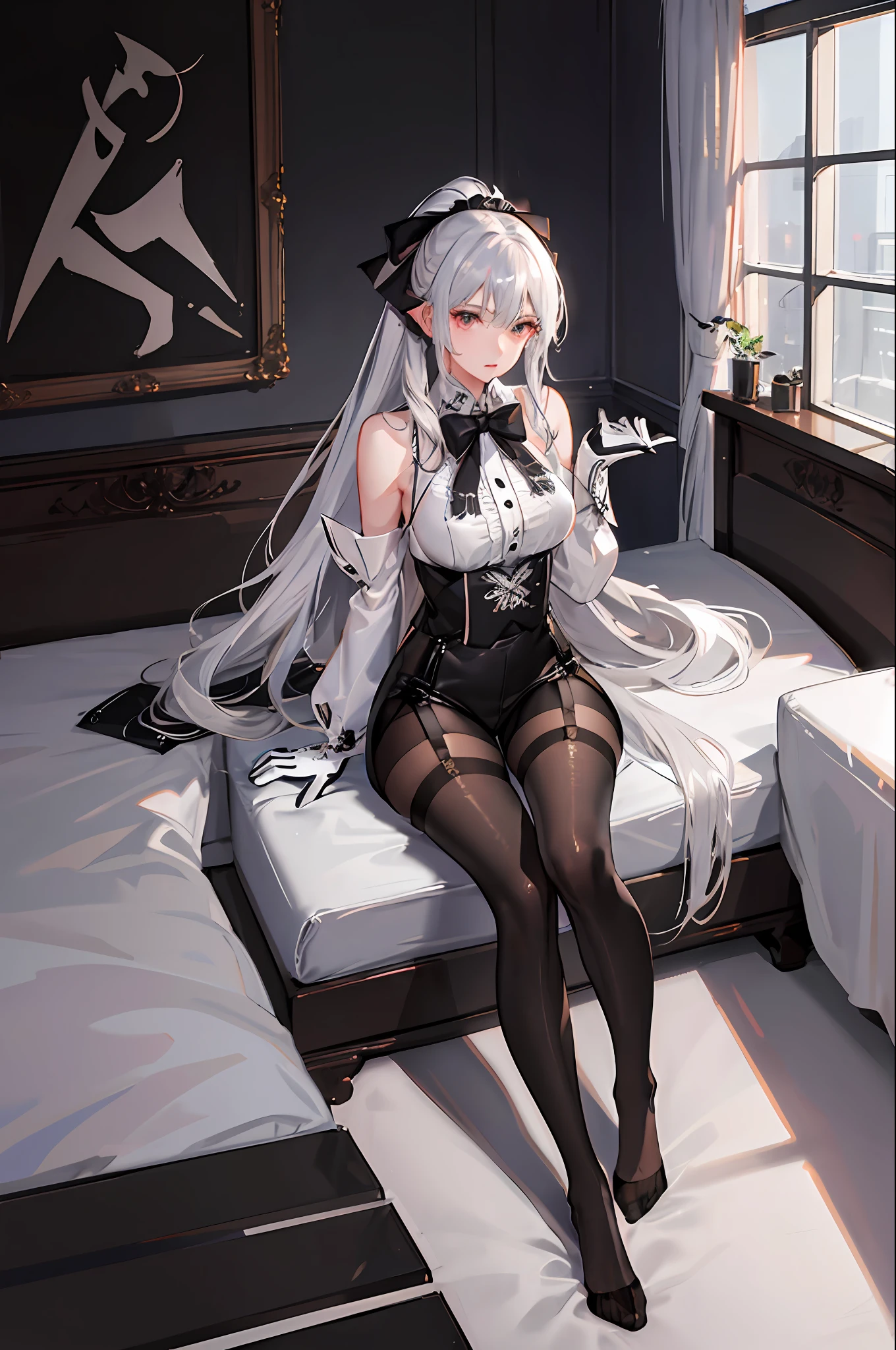 (((1 girl)),ray tracing,(dim lighting),[detailed background (bedroom)),((silver hair)),((silver hair)),(Fluffy silver hair, plump slender girl)) with high ponytail)))) Avoid blonde eyes in the ominous bedroom ((((Girl wears intricately embroidered black high-waisted pants with pantyhose) and white ruffled bow gloves), showing a delicate slim figure and graceful curves, correct limbs, sitting on the bed