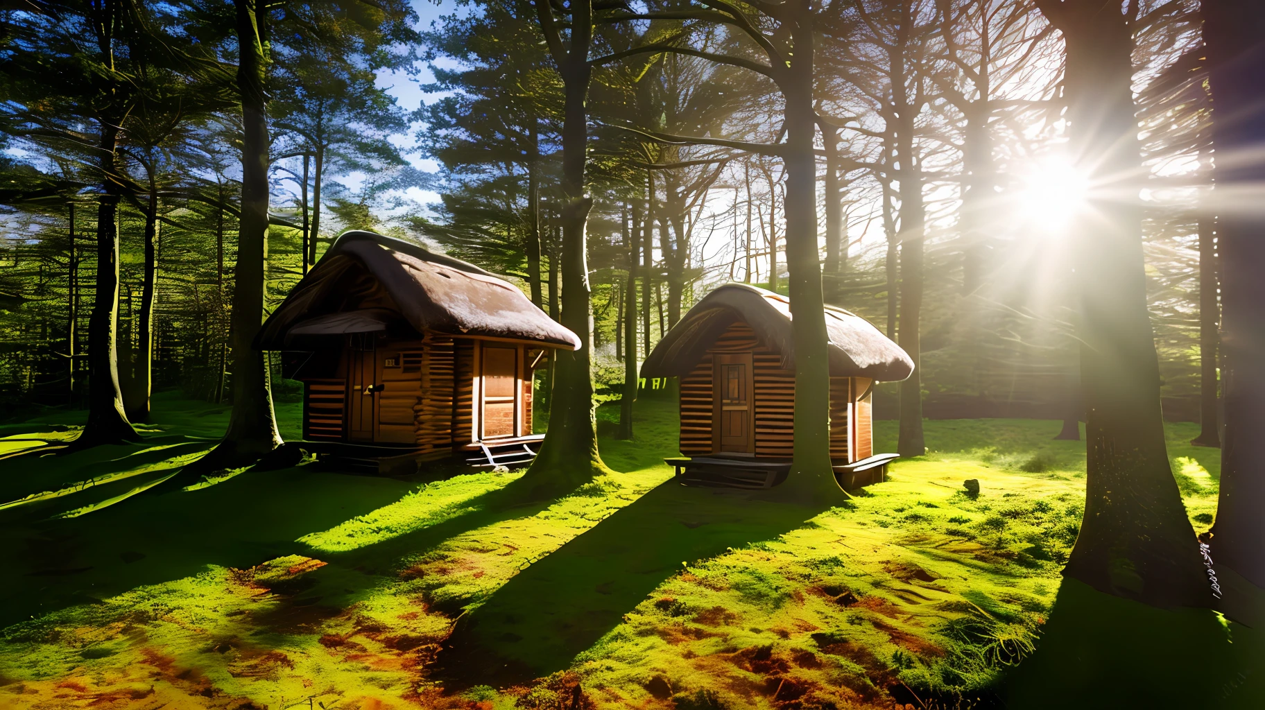 1 Tiny huts hidden in the woods, landscape, RAW photo, realistic, from side, god rays, bloom, UHD, masterpiece, award winning, best quality, 16k