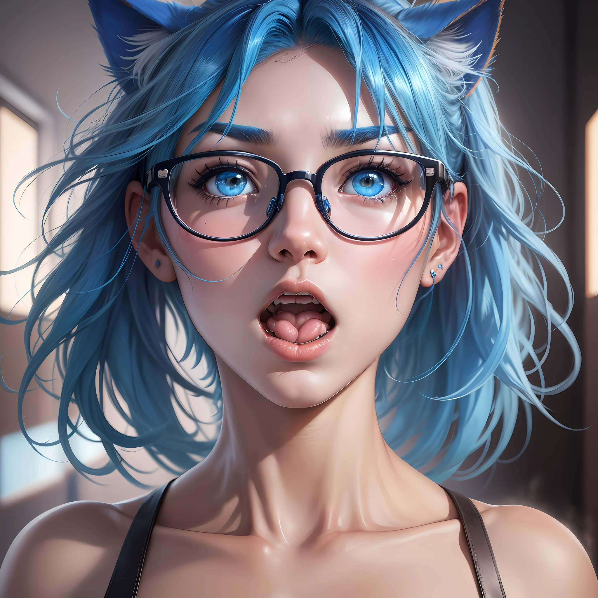 1girl, shocked, nude, posing, photograpger, photo, blue hair, cat ear, glasses, 8k, Japanese style, 16k, highres, best quality, award winning, high quality, high details, super detail, textured skin