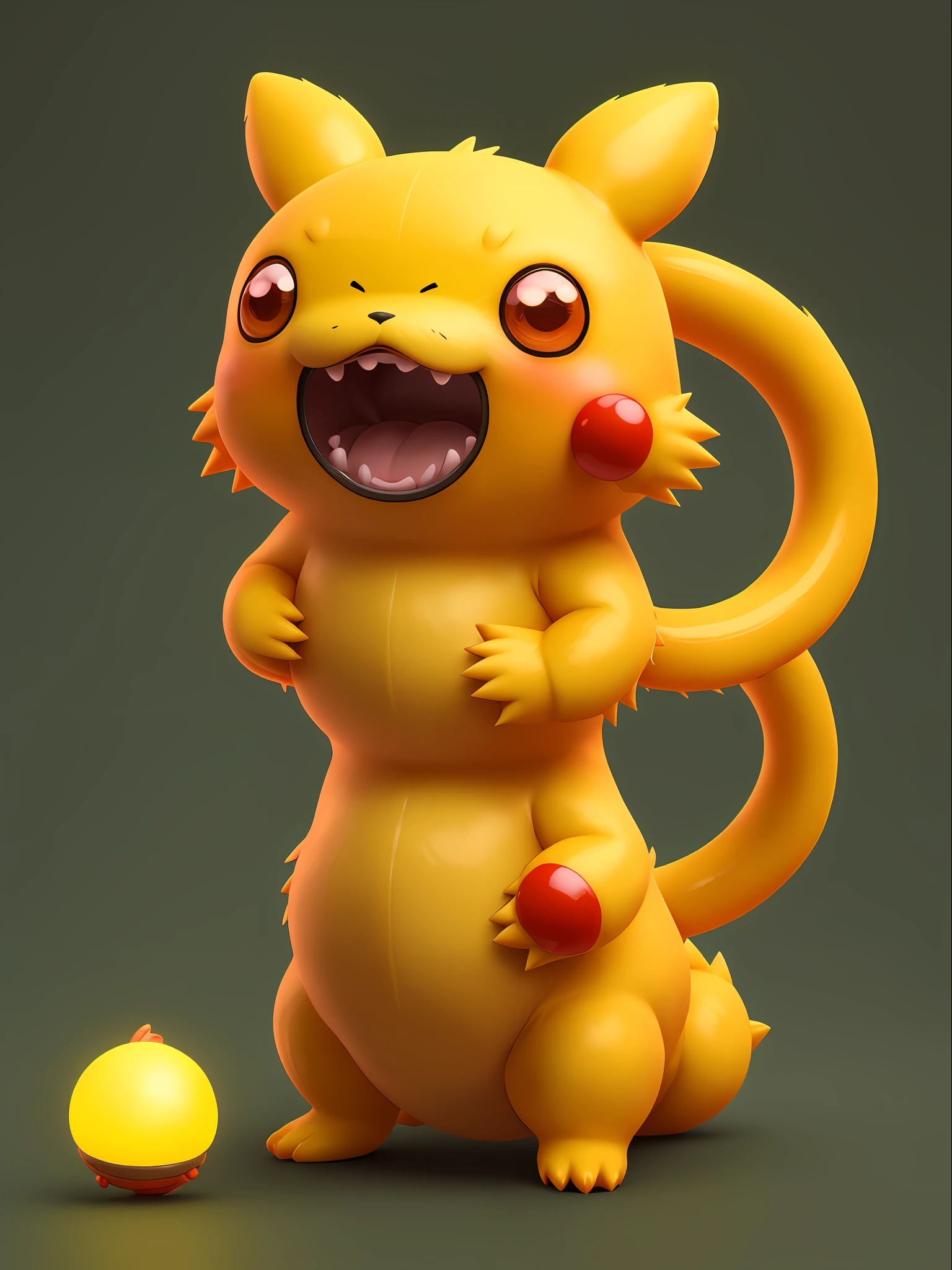 scroll horror, lying, dismemberment, veins, tongue, tail, teeth, eyes, flesh, drooling, looking at the audience, blood, tentacles, injury, reality, death, interior, full-length shot, garbage, pov scene, pov, close-up of a little yellow Pokemon character with a white ball, charm, real life charm, 3d model of a Japanese mascot, cute glowing creature, cute 3 d rendering, thicc, 3d render official art, wee whelp, cute character, cute! C4D, Soni Hill, similar to Pokemon, orange fluffy belly