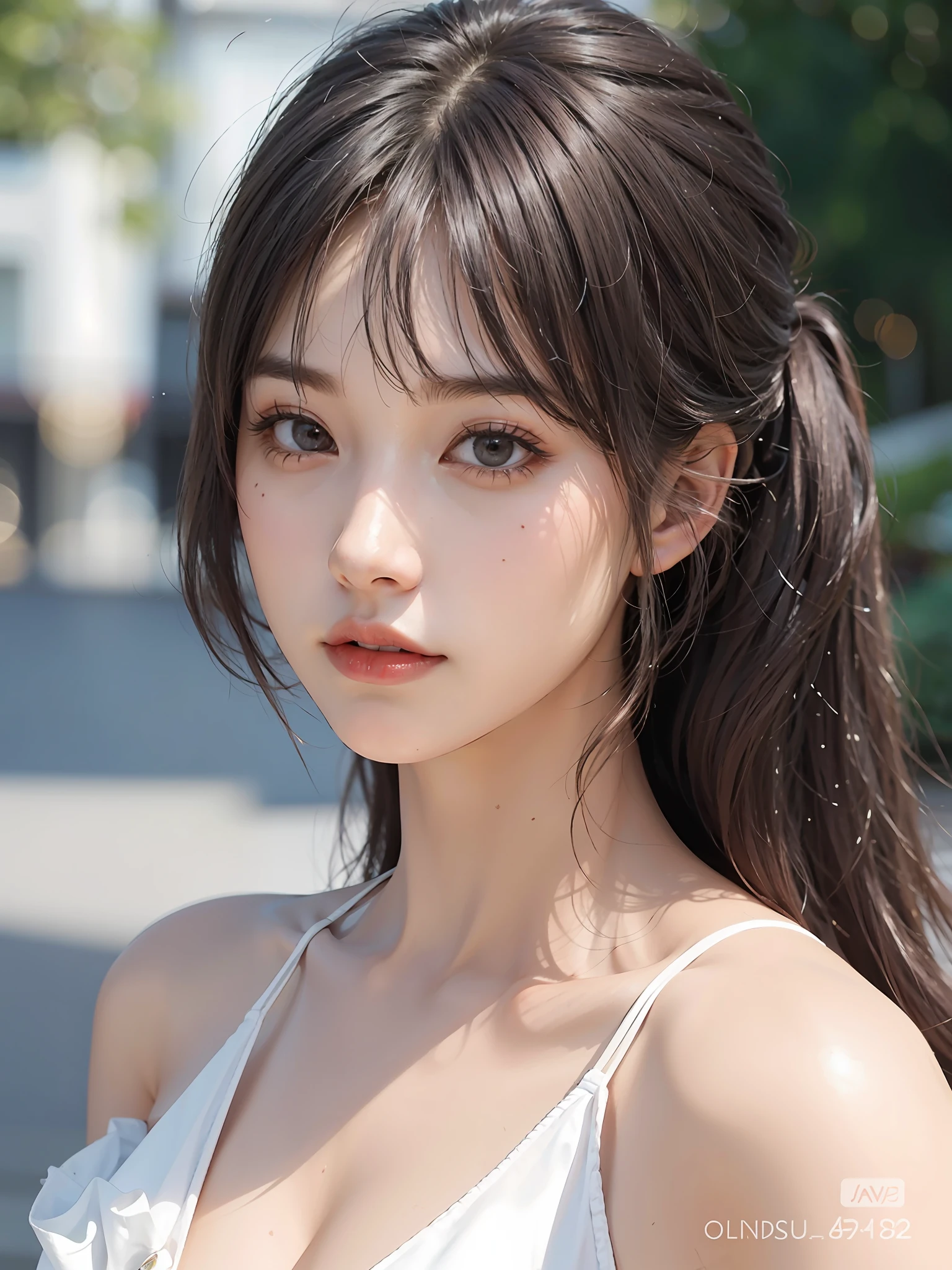 Close-up of a woman with long hair in a white blouse