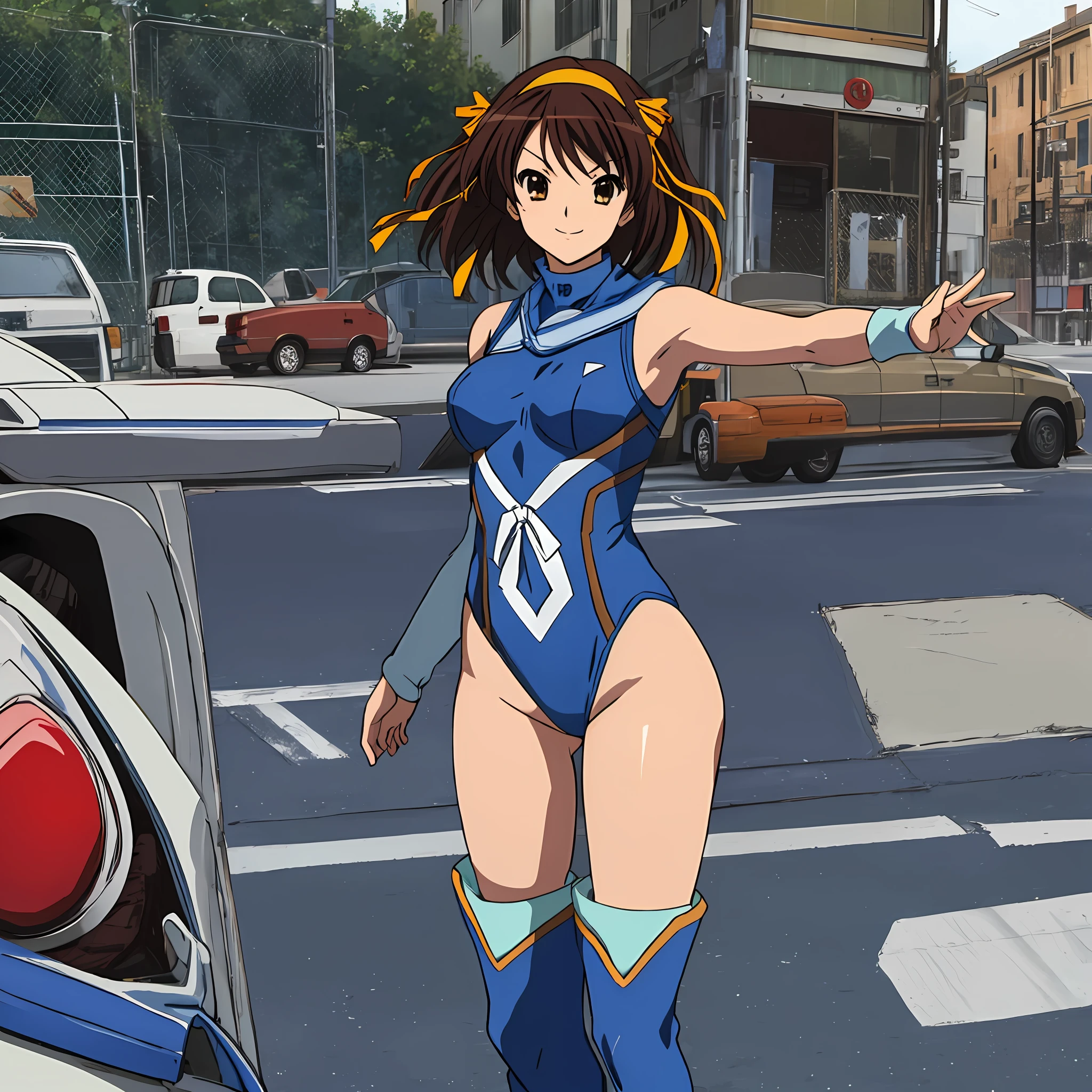 masterpiece, best quality, highres, 1girl, solo, superhero, leotard, blue and white leotard, bare legs, brown hair, short hair, brown eyes, hairband, medium hair, ribbon, boots, matching boots, blue boots, medium breasts, cowboy shot, standing, smile, city backdrop, haruhi suzumiya, kyoani haruhi style, sleeveless,