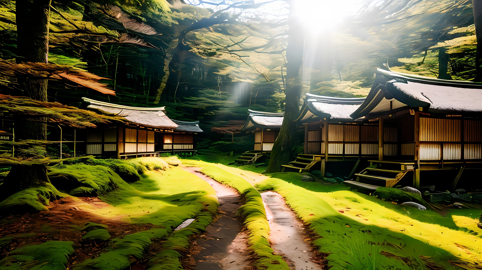 Tiny huts hidden in the woods, Japan landscape, RAW photo, realistic, from side, god rays, bloom, UHD, masterpiece, award winning, best quality, 16k