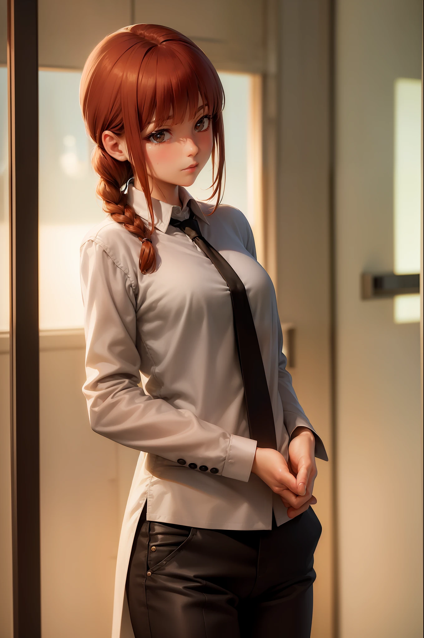 (masterpiece, best quality:1.2), cowboy shot, solo, 1girl, makima, expressionless, closed mouth, looking at viewer, hands in pockets, braided ponytail, ringed eyes, formal, coat, collared shirt, black necktie, black pants