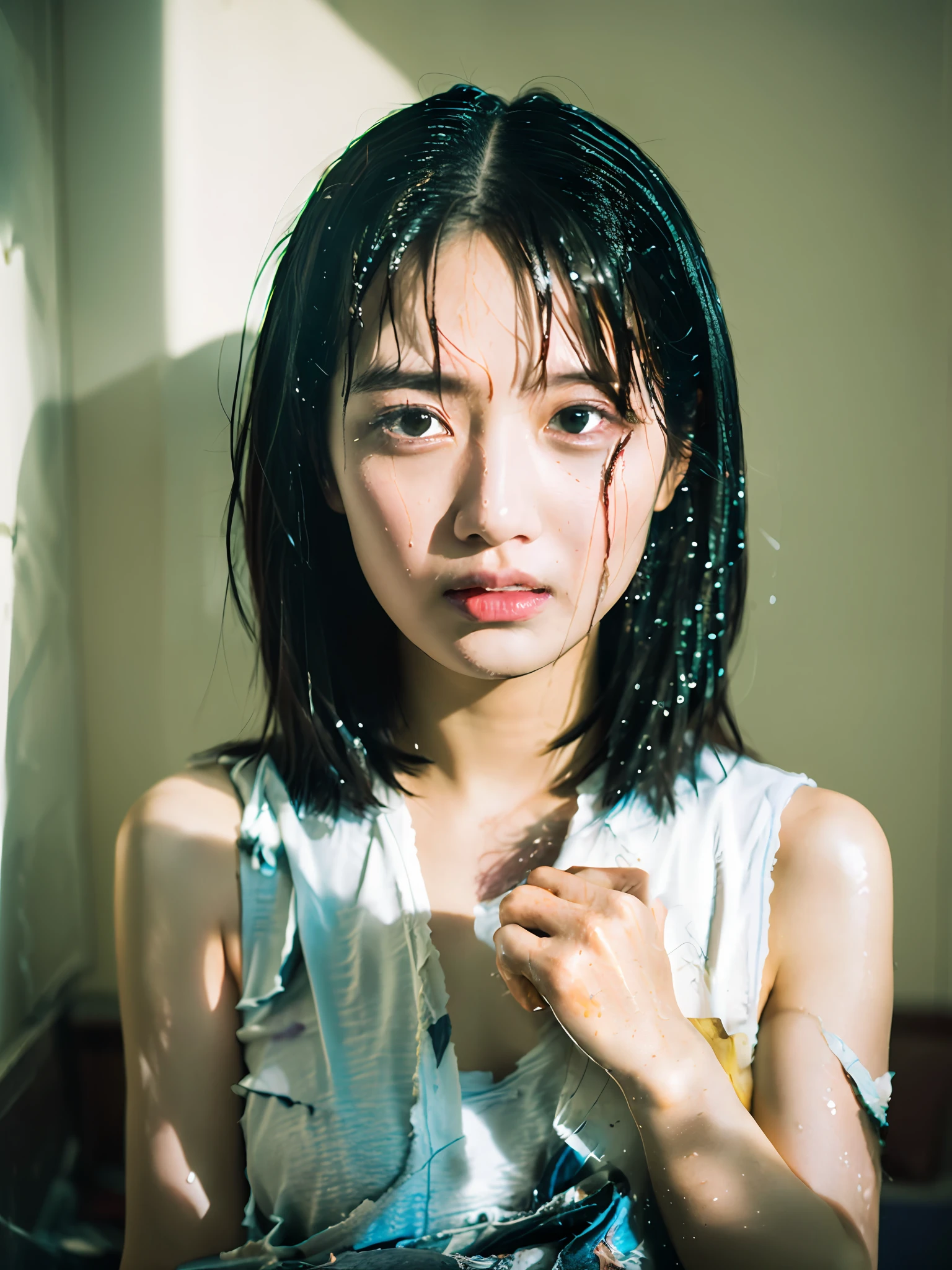 there is a woman with a wet face and a white shirt, with short hair, portrait of female korean idol, sui ishida with black hair, wet dripping hair, raining portrait, raining, chiho, crying fashion model, shot on nikon z9, portrait of a japanese , jinyoung shin, portrait of jossi of blackpink, shot on canon eos r5