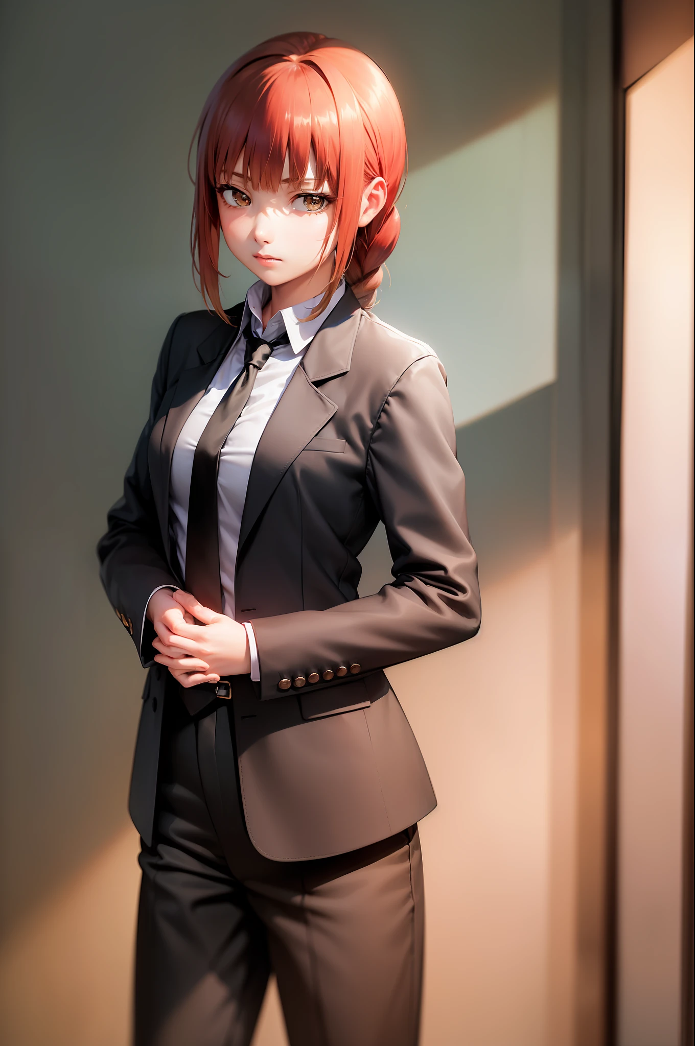 (masterpiece, best quality:1.2), cowboy shot, solo, 1girl, makima, expressionless, closed mouth, looking at viewer, hands in pockets, braided ponytail, ringed eyes, formal, coat, collared shirt, black necktie, black pants