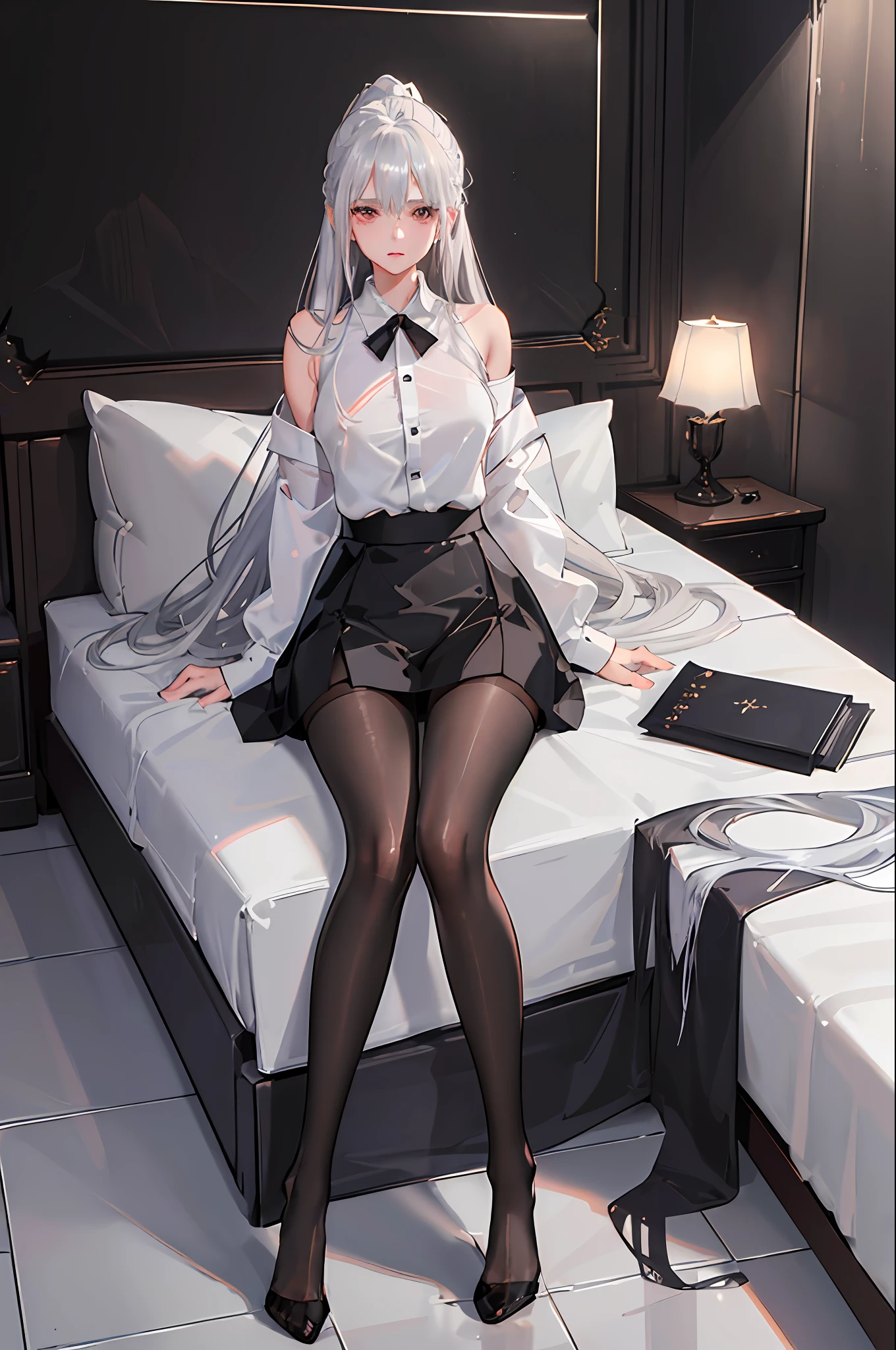 (((1 girl)),ray tracing,(dim lighting),[detailed background (bedroom)),((silver hair)),((silver hair)),(Fluffy silver hair, plump slender girl)) with high ponytail)))) Avoid golden eyes in the ominous bedroom (((Girl wears a white shirt, black wrinkled skirt with black sheer pantyhose), showing a delicate slim figure and graceful curves, correct limbs, sitting on the bed