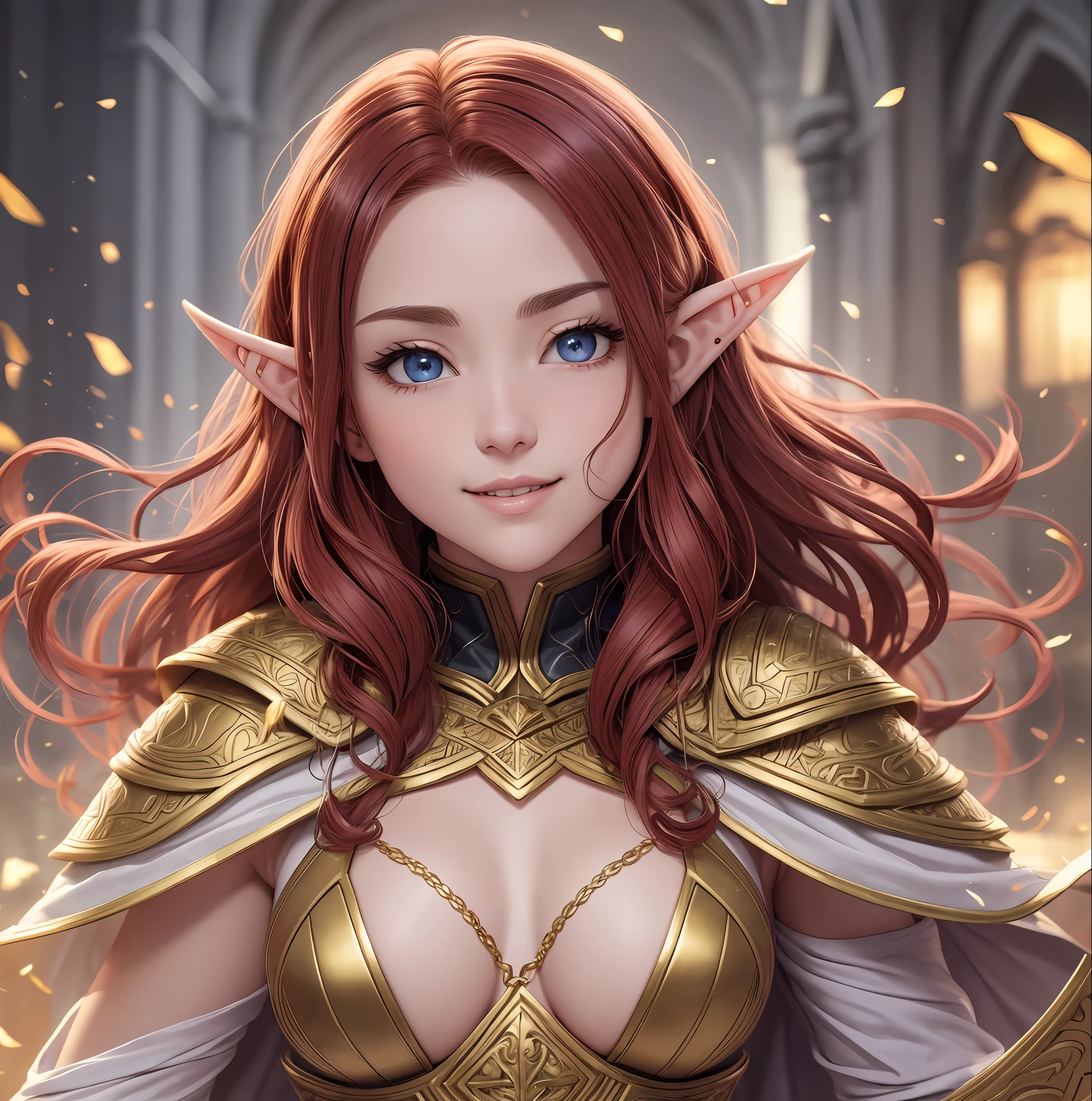 Proportional eyes, (Realisticity: 1.5), Realisticity, Ultra-Realisticity, Very Detailed, Ultra Detailed, Soft Lighting, Detailed Background, Extreme Detail Background, Sharp Details, Red-haired Elf Thor, Cloak with Wide Shoulder Pads, Gorgeous, Intricate Costume, Floating, Casting Magic, Golden Glowing Eyes, Bright Smile, Average Body Type, Pastel Color