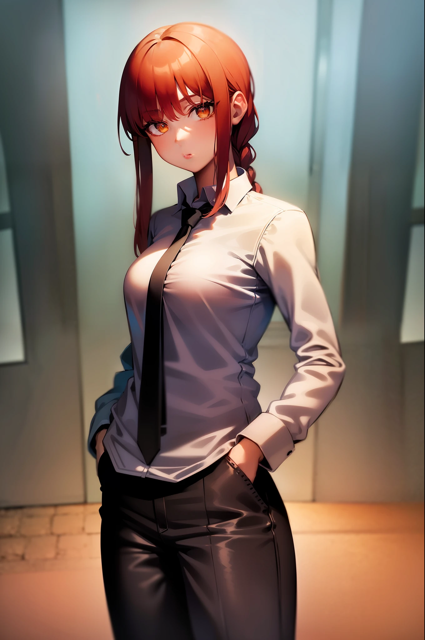(masterpiece, best quality:1.2), cowboy shot, solo, 1girl, makima, expressionless, closed mouth, looking at viewer, hands in pockets, braided ponytail, ringed eyes, formal, coat, collared shirt, black necktie, black pants