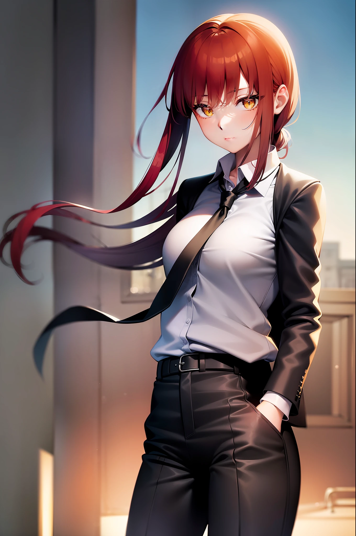 (masterpiece, best quality:1.2), cowboy shot, solo, 1girl, makima, expressionless, closed mouth, looking at viewer, hands in pockets, braided ponytail, ringed eyes, formal, coat, collared shirt, black necktie, black pants