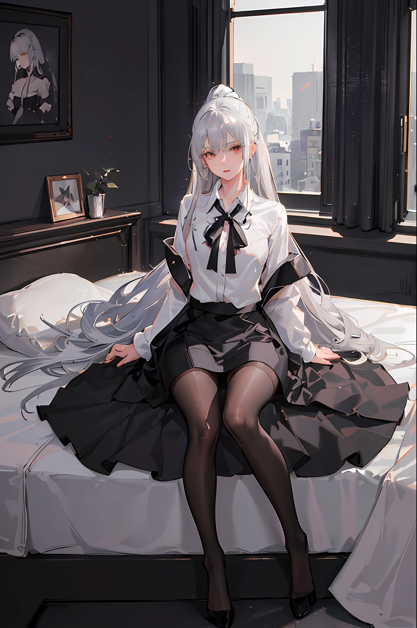 (((1 girl)),ray tracing,(dim lighting),[detailed background (bedroom)),((silver hair)),((silver hair)),(Fluffy silver hair, plump slender girl)) with high ponytail)))) Avoid golden eyes in the ominous bedroom (((Girl wears a white shirt, black wrinkled skirt with black sheer pantyhose), showing a delicate slim figure and graceful curves, correct limbs, sitting on the bed