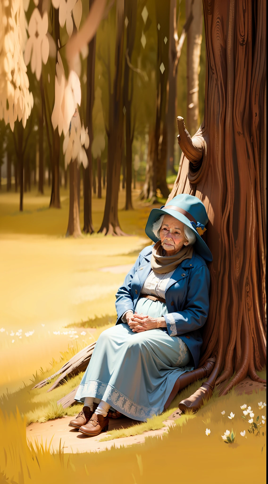 old woman wearing blue jacket and big hat sitting under the big tree