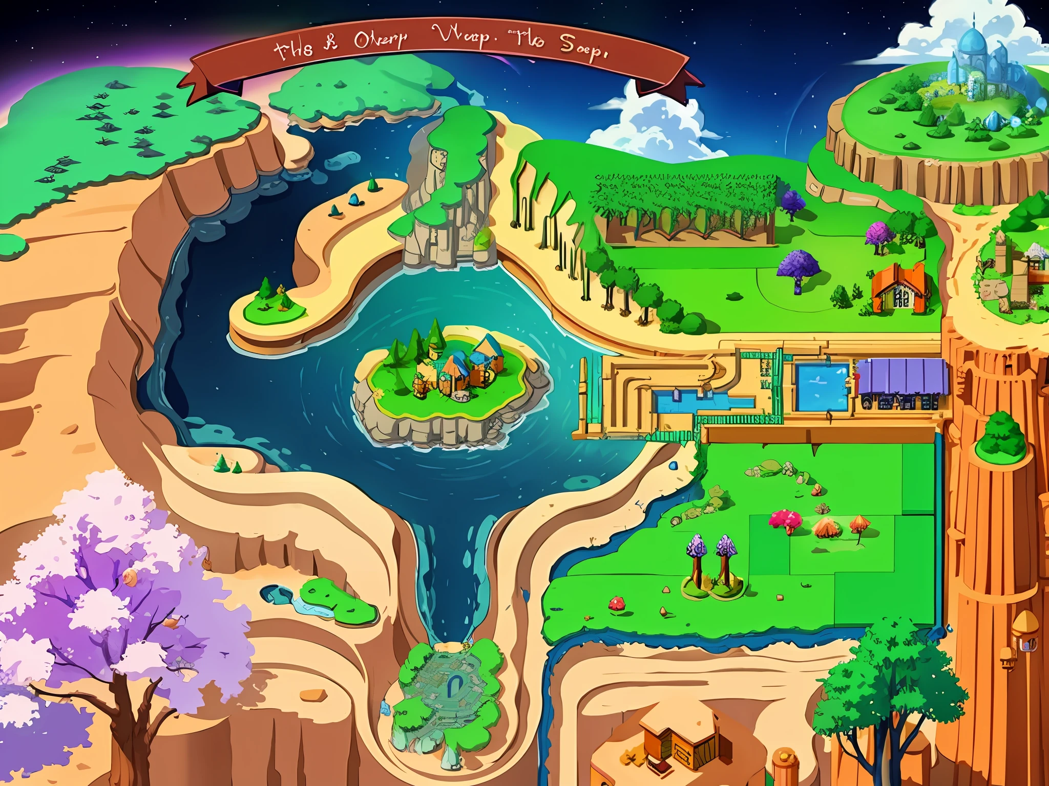 isometric fantasy world map, video game world map, in the style of Sega Genesis, Game architecture design, cartoon, some small houses, farms, barracks, warehouses, flower houses, 3d, blender, masterpiece, super detail, best quality, --v6