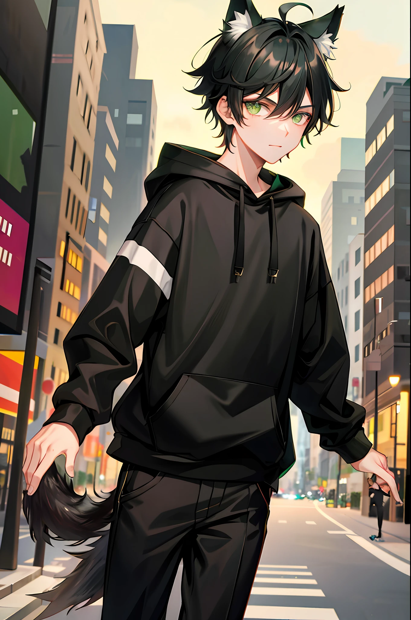 1boy, black hair, green eyes, wolf ears, wolf tail, androgynous, black pants, city at night, vibrant, HD, best quality, black hoodie