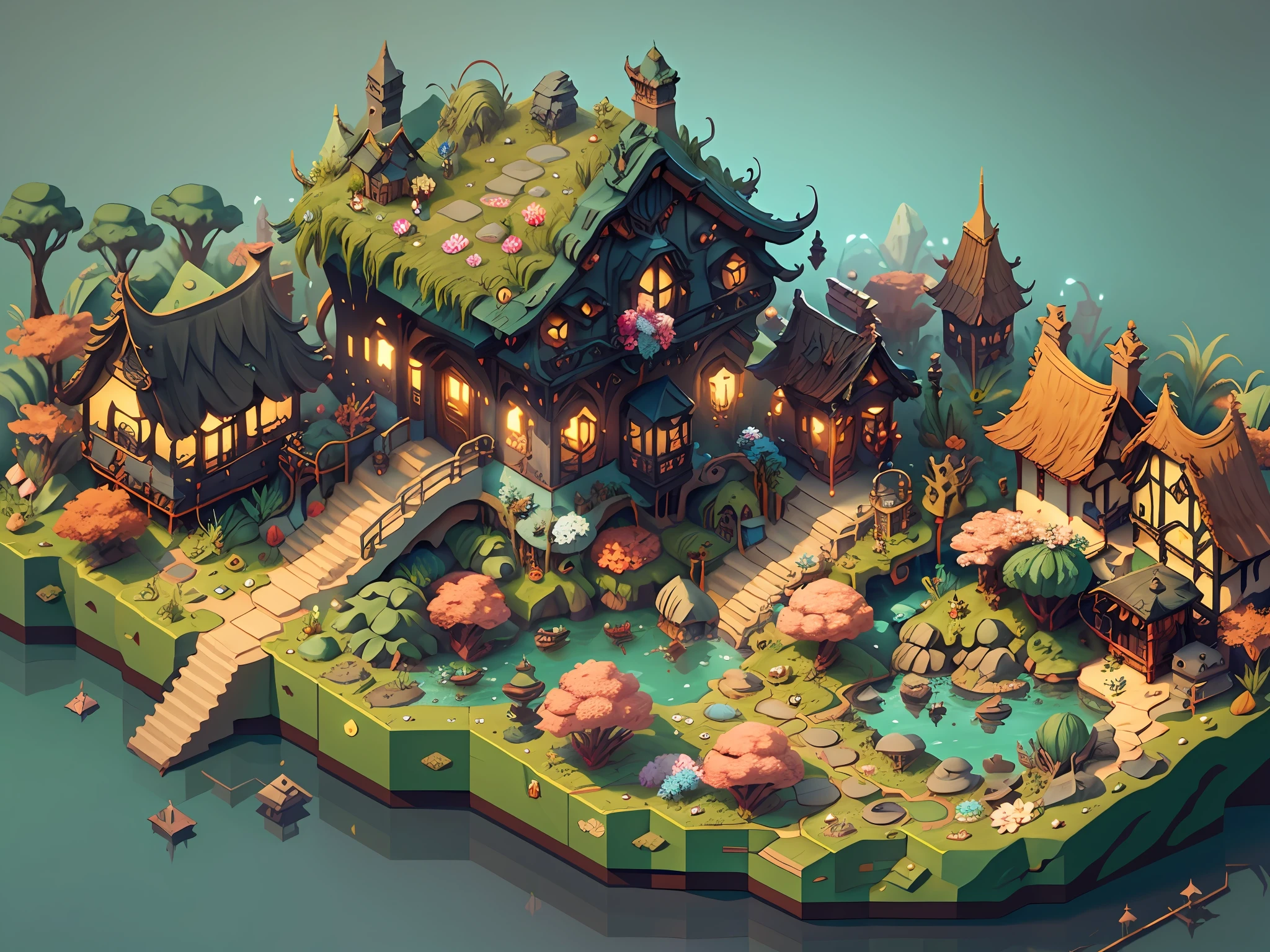 top down flat view, fantasy world 3d map rendered by Cinema4D, isolated on gradient background, Game architecture design, cartoon, some small houses, farms, barracks, warehouses, flower houses, 3d, blender, masterpiece, super detail, best quality, --v6