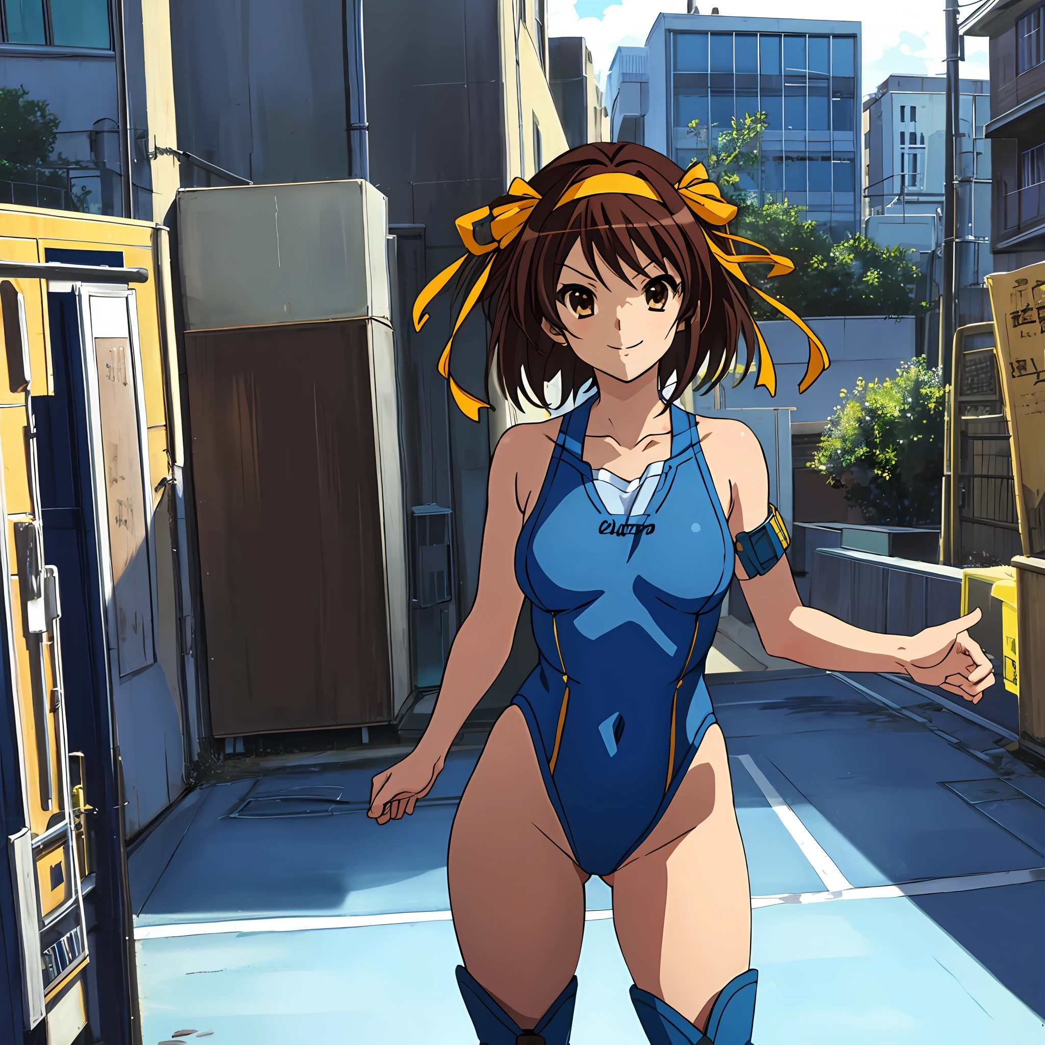 masterpiece, best quality, highres, 1girl, solo, superhero, leotard, blue and white leotard, bare legs, brown hair, short hair, brown eyes, hairband, medium hair, ribbon, boots, matching boots, blue boots, medium breasts, cowboy shot, standing, smile, city backdrop, haruhi suzumiya, kyoani haruhi style, sleeveless, blue sparkles,