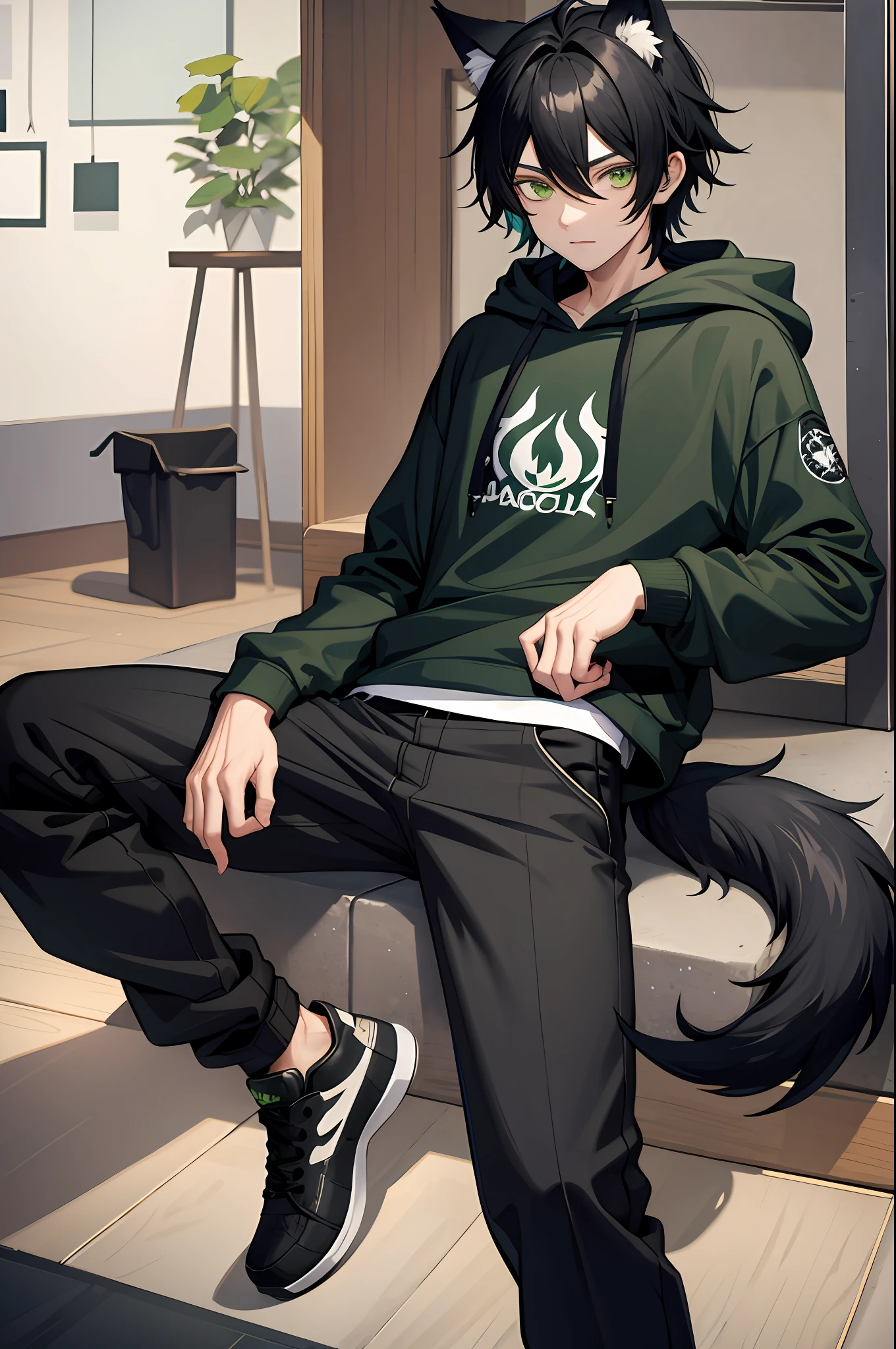 1boy, black hair, green eyes, wolf ears, wolf tail, androgynous, black pants, forest, vibrant, HD, best quality, black hoodie