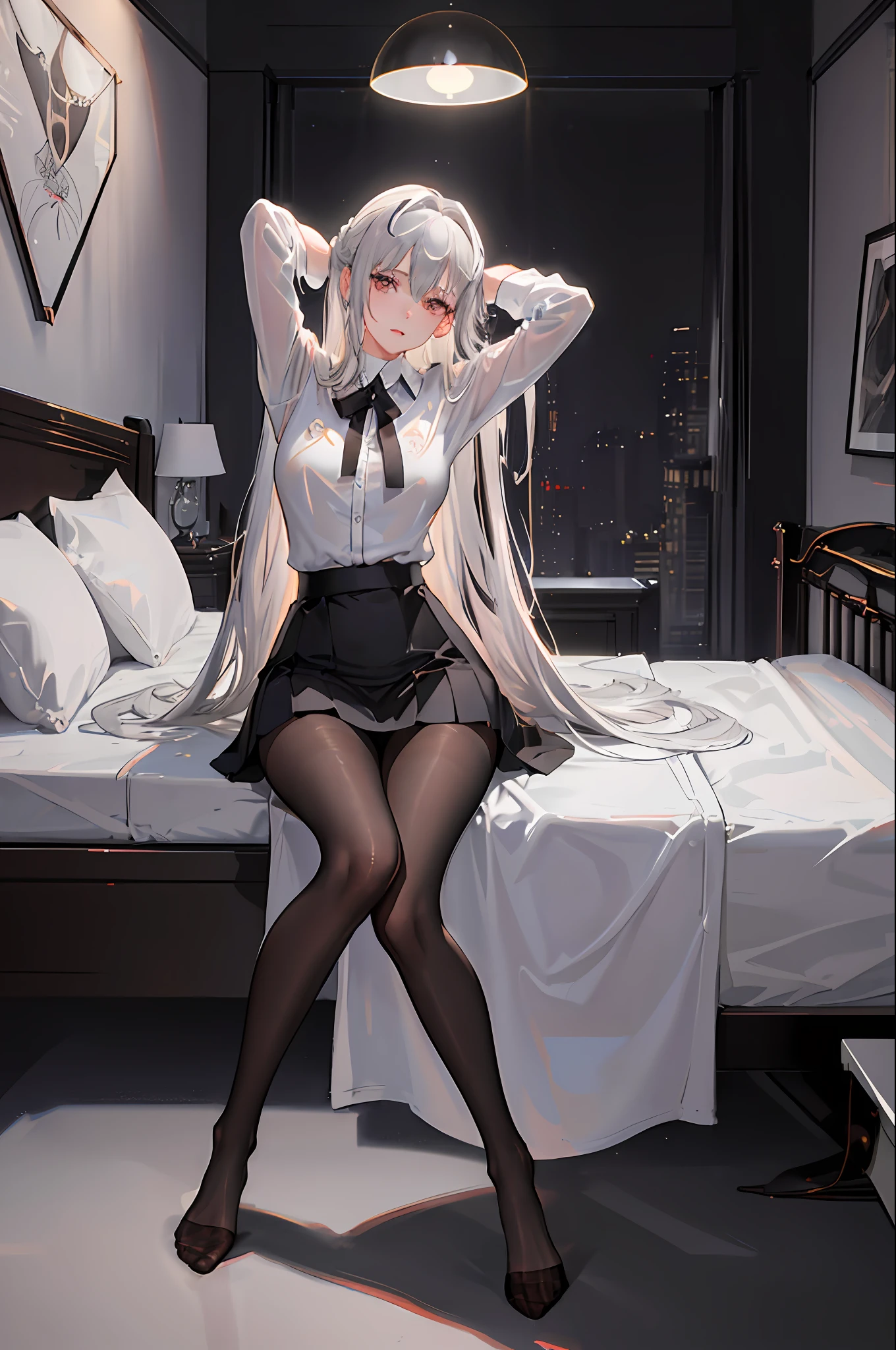 (((1 girl)),ray tracing,(dim lighting),[detailed background (bedroom)),((silver hair)),((silver hair)),(Fluffy silver hair, plump and slender girl))) with high ponytail))) Avoid golden eyes in the ominous bedroom ((((Girl wears a white shirt, black wrinkled skirt with black transparent pantyhose), showing a delicate slim figure and graceful curves, correct limbs, sitting on the bed with hands behind her head, Put both hands behind your head