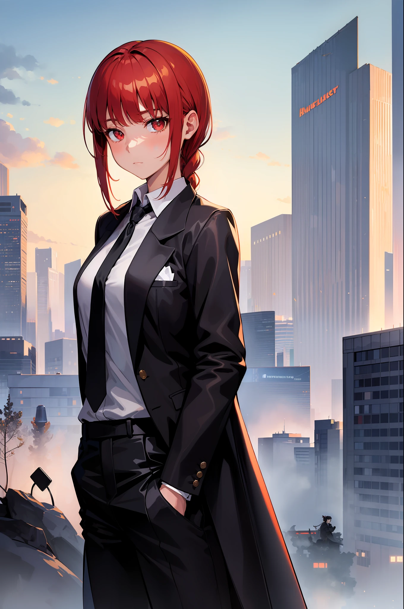 (masterpiece, best quality:1.2), cowboy shot, solo, 1girl, makima, expressionless, closed mouth, looking at viewer, braided ponytail, ringed eyes, formal, coat, collared shirt, black necktie, black pants, hannds in pocket,