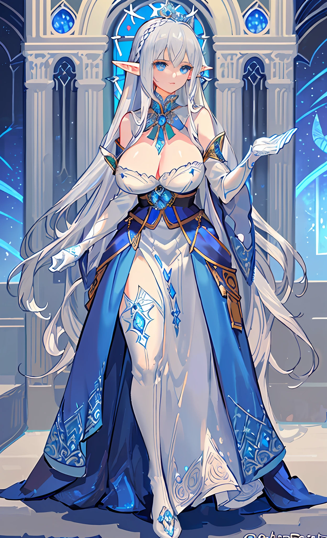 Tall elf goddess, long silver hair, silky and shiny, bright and detailed blue eyes, huge breasts: 1.5, bursting breasts, pointed elf ears, detailed flowers in hair, gorgeous and exquisite crown, exquisite intricate gorgeous openwork long skirt, beautifully patterned stockings, detailed, high resolution, HD 4K 8K, full body