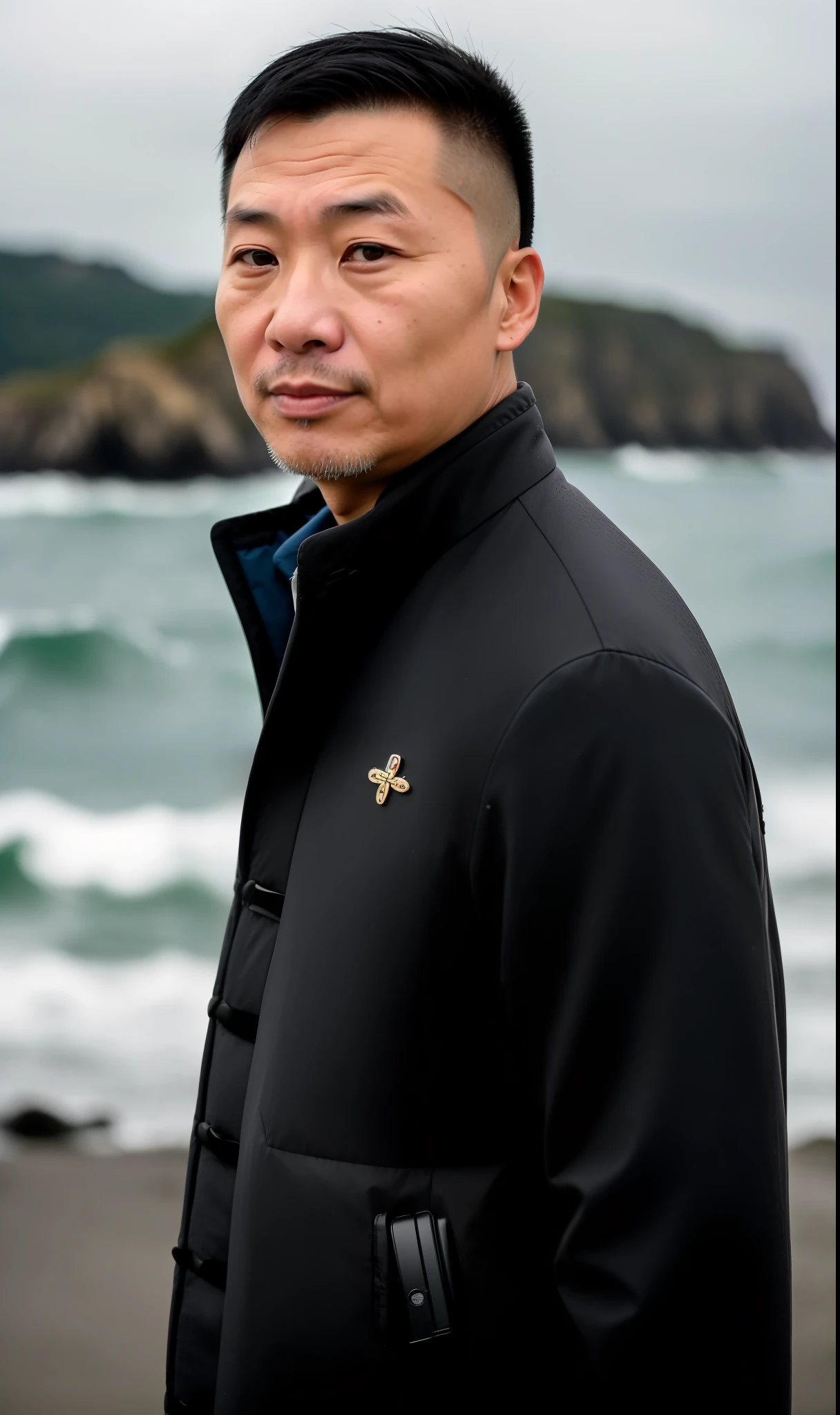 (High quality, super high detail, 42-year-old Chinese man, dressed in black, smooth skin, clearly visible pores) on a cloudy day (coastline), (wind howling, waves: 1.2), shooting in soft light, using DSLR, ((Fujifilm XT3:1.1)|( Film grain: 0.9)) texture, 8K UHD resolution picture.