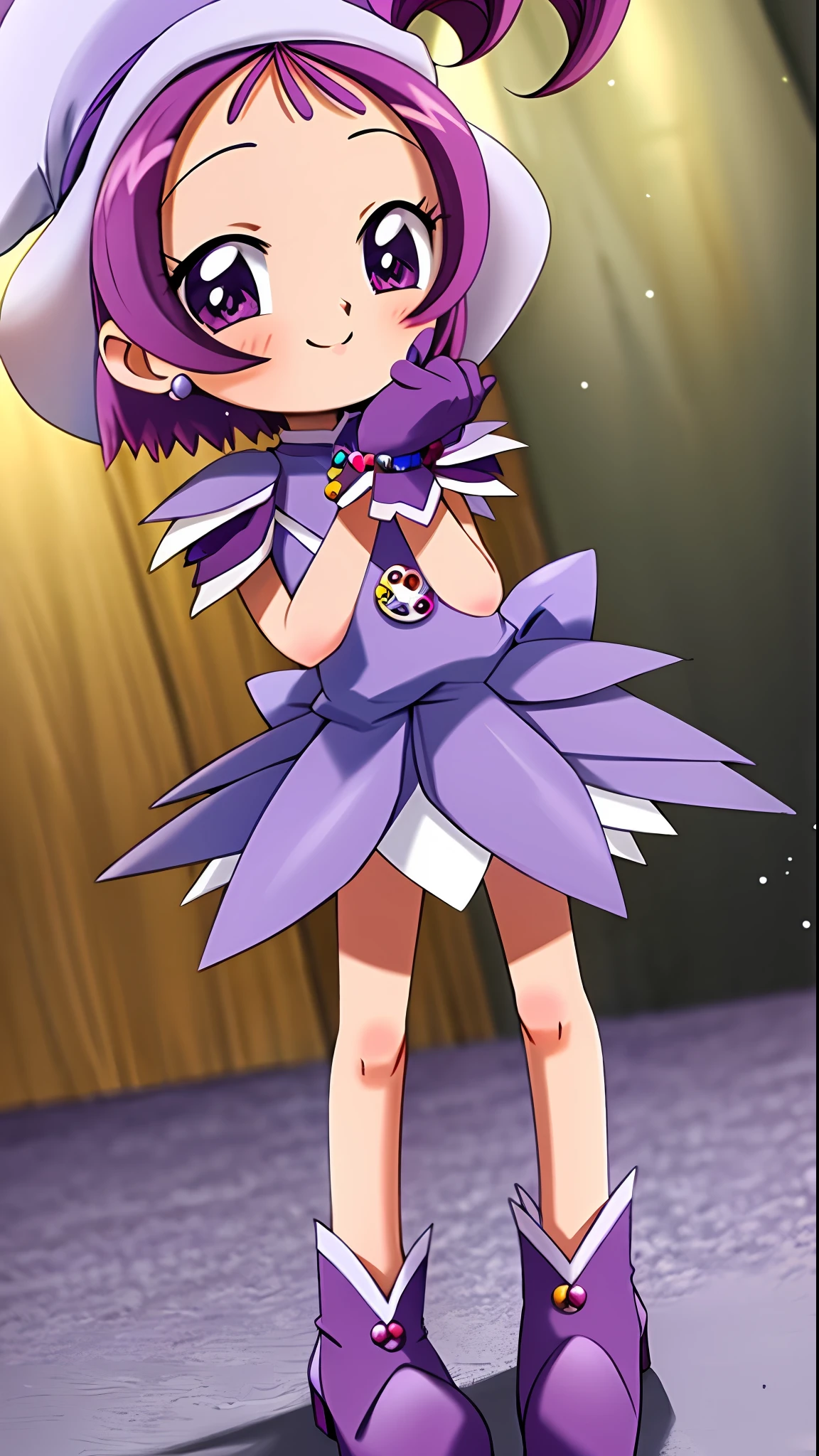 (bloom lighting), (smooth lighting), (smooth coloring), (smooth shading), (light particles),(bestquality),(masterpiece), game cg, 4k,(5 fingers:1.5),(), (ultimate cute girl), (segawa onpu), 1girl, (full body),purple hair, purple eyes, short hair, side ponytail, (onpuwitch01),(purple gloves:1.5), jewelry, purple hat, purple boots, earrings, compact (cosmetics), bikini, (magical girl), (model pose), (smile), pastel colors,