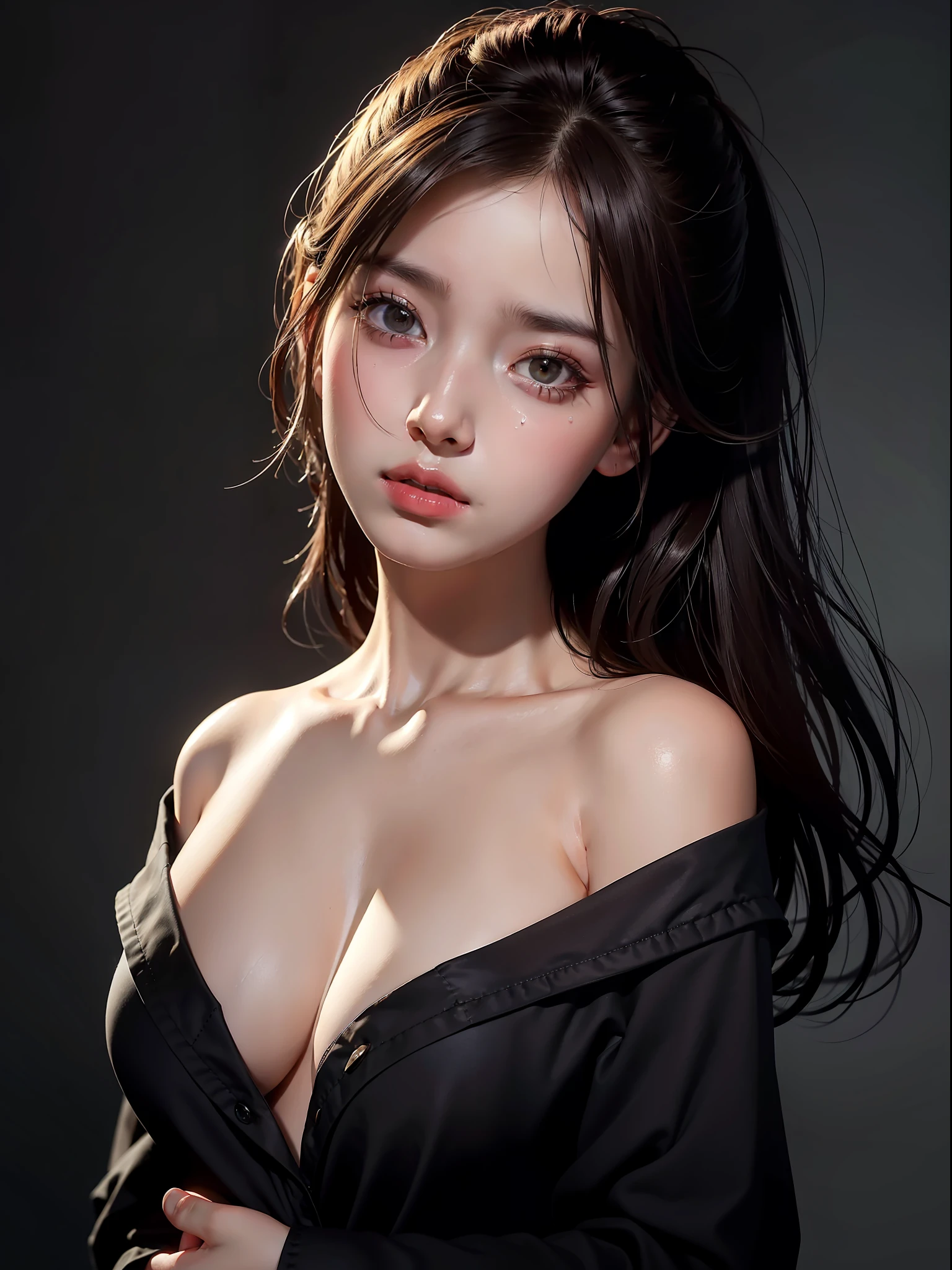 Top Quality, Masterpiece, Ultra High Resolution, (Photorealistic: 1.4), Raw Photo, 1 Girl, Off Shoulder, Darkness, Deep Shadows, Low Key, Cold Light, (Grabbing the Chest: 1.2), Crying Unbearable to Endure Suffering