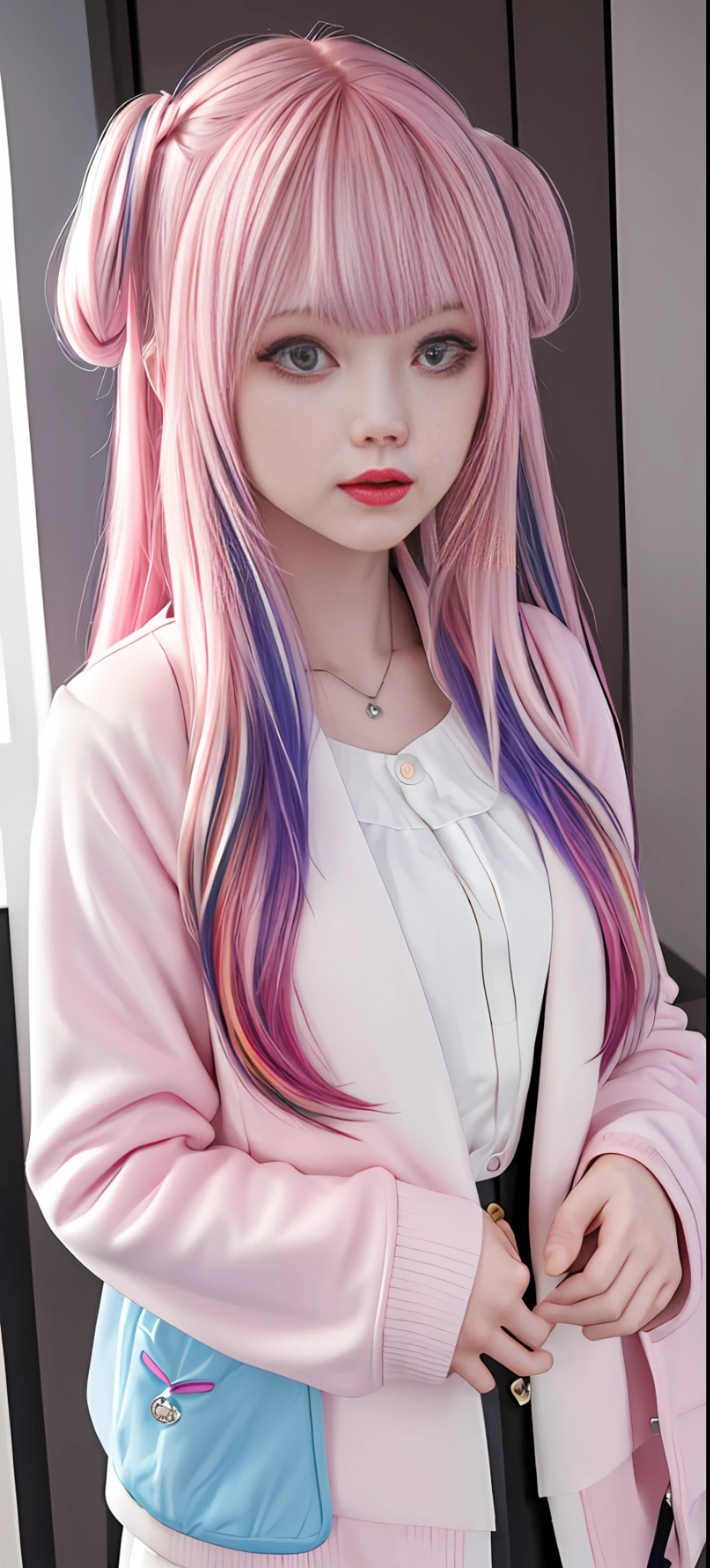 1girl,photography, masterpiece, best quality, 8K, HDR, highres, absurdres:1.2,,1girl, solo, multicolored_hair, pink_hair, shirt, long_hair, letterboxed, bangs, upper_body, jacket, looking_at_viewer