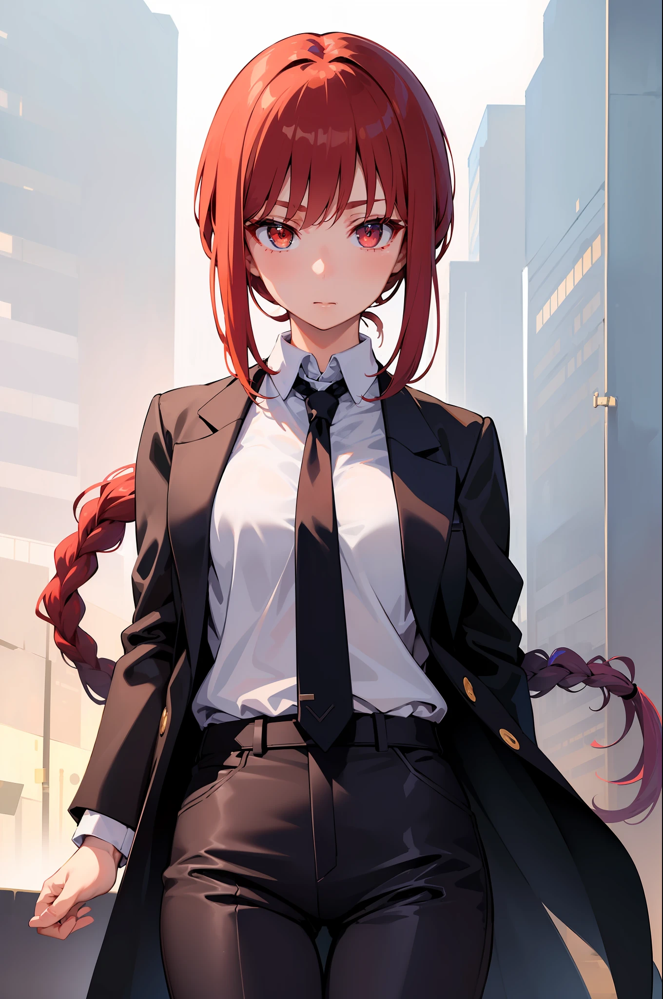 (masterpiece, best quality:1.2), solo, 1girl, makima, expressionless, closed mouth, looking at viewer, braided ponytail, ringed eyes, formal, coat, collared shirt, black necktie, black pants,