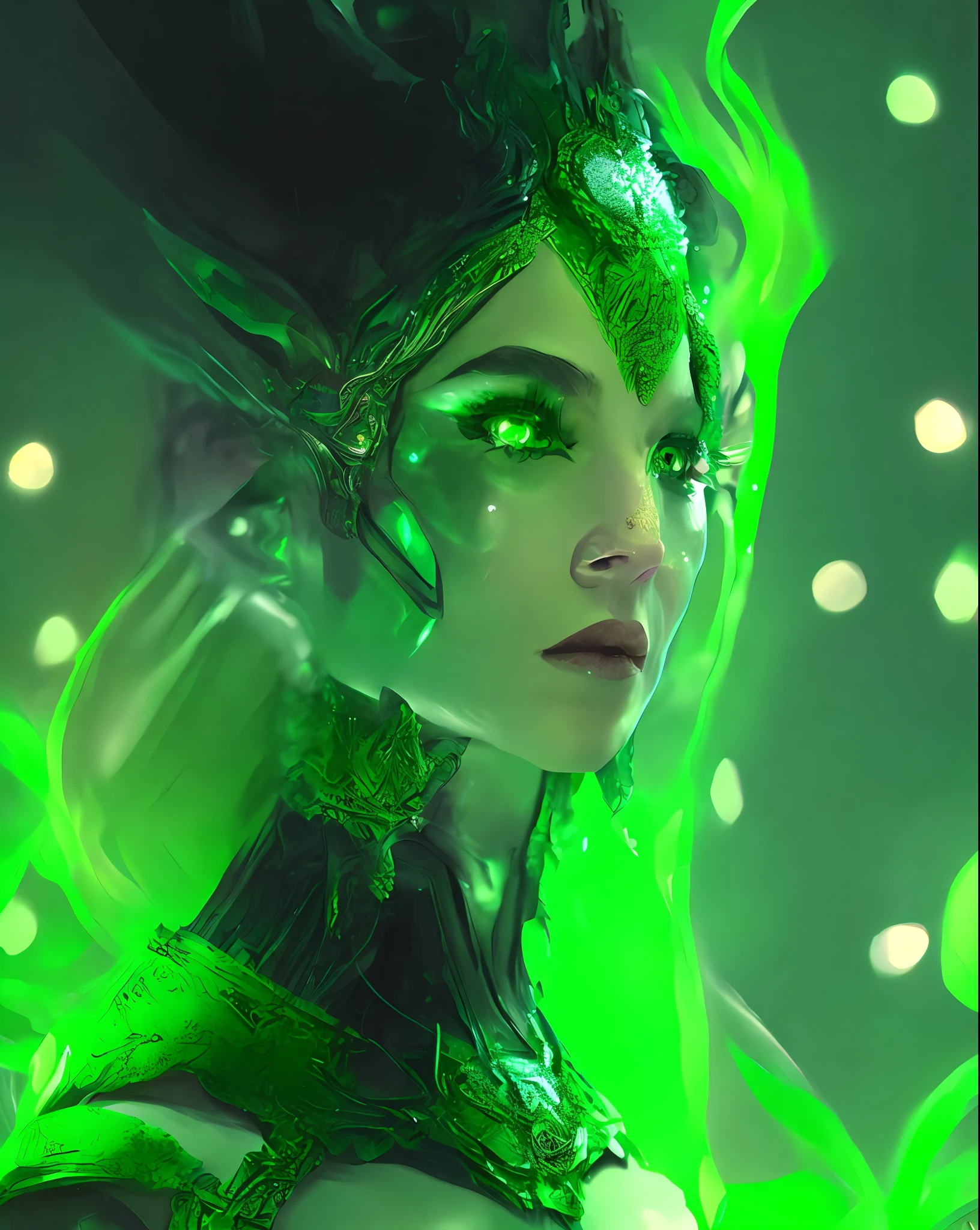 Pro Goddess, Medium Scene, Abstract, Near Perfect, Focus, Sharp, Green Face, Film Lighting, Highly Detailed, Zbrush, 3d Rendering, Bokeh, ArtStation, Concept Art, Smooth, Clear Focus, 8K, Illustration, Carne Griffiths Art