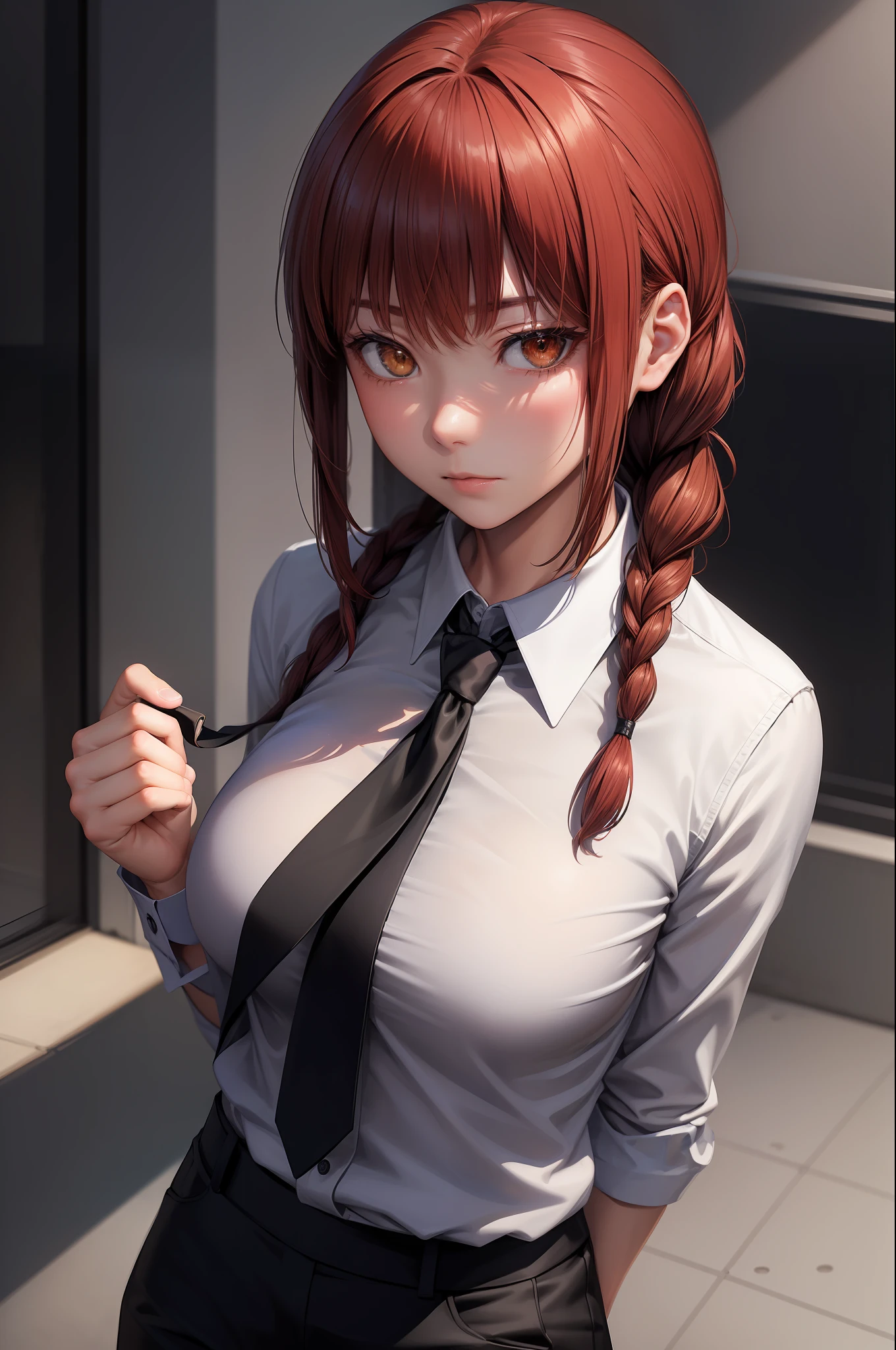 (masterpiece, best quality:1.2), solo, 1girl, makima, expressionless, closed mouth, looking at viewer, braided ponytail, ringed eyes, formal, coat, collared shirt, black necktie, black pants,