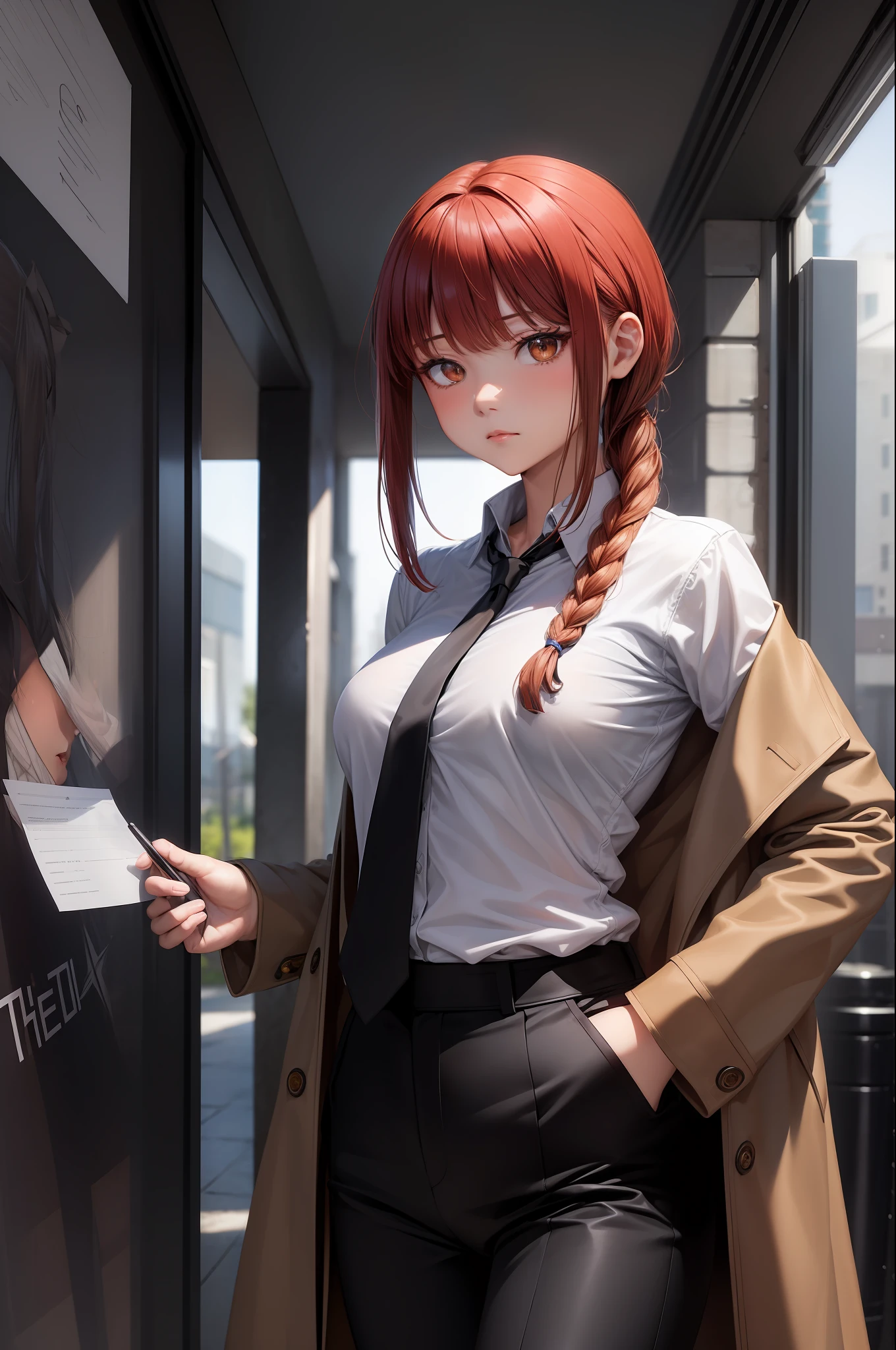 (masterpiece, best quality:1.2), solo, 1girl, makima, expressionless, closed mouth, looking at viewer, braided ponytail, ringed eyes, formal, coat, collared shirt, black necktie, black pants,