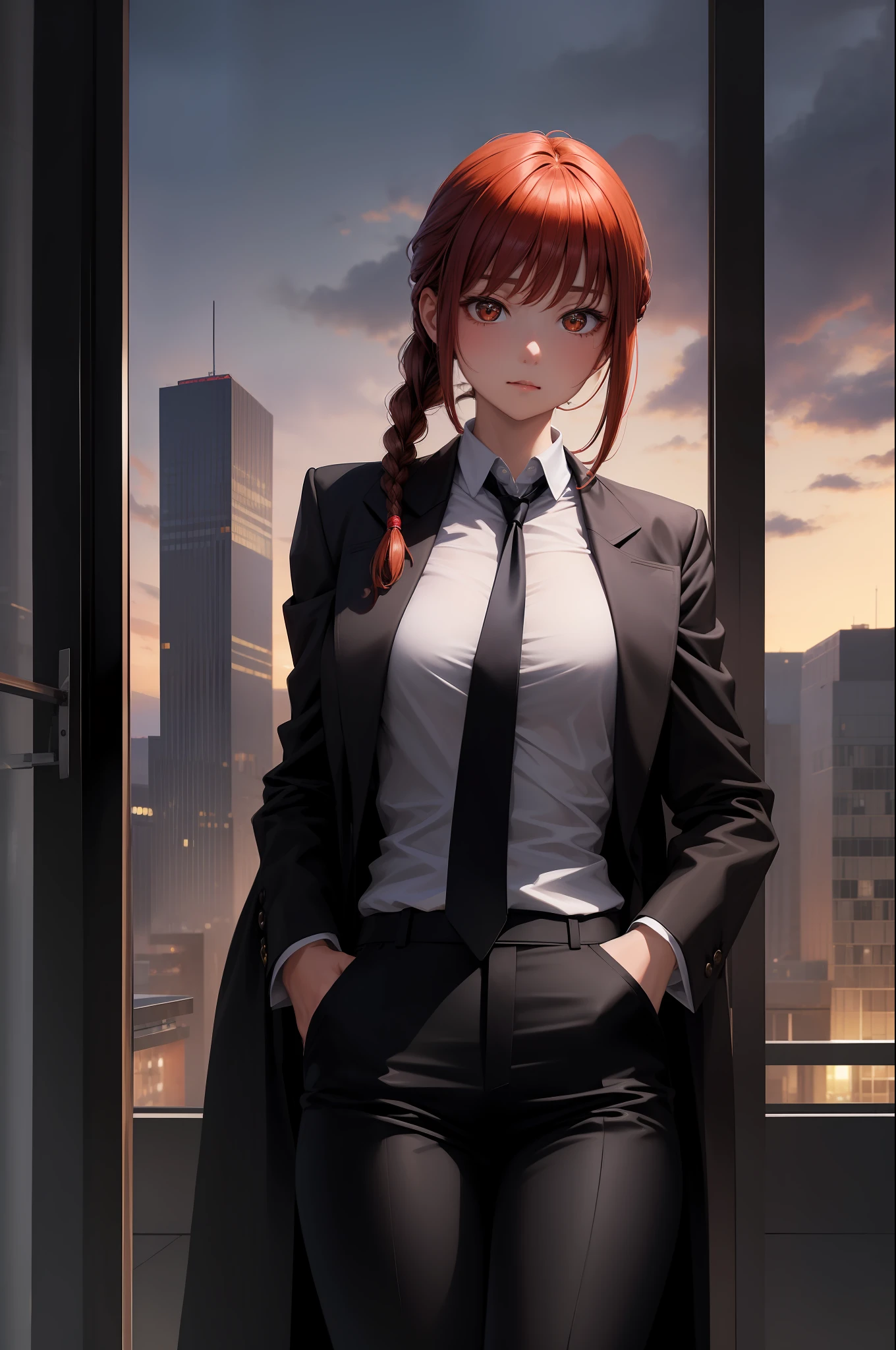(masterpiece, best quality:1.2), solo, 1girl, makima, expressionless, closed mouth, looking at viewer, braided ponytail, ringed eyes, formal, coat, collared shirt, black necktie, black pants,