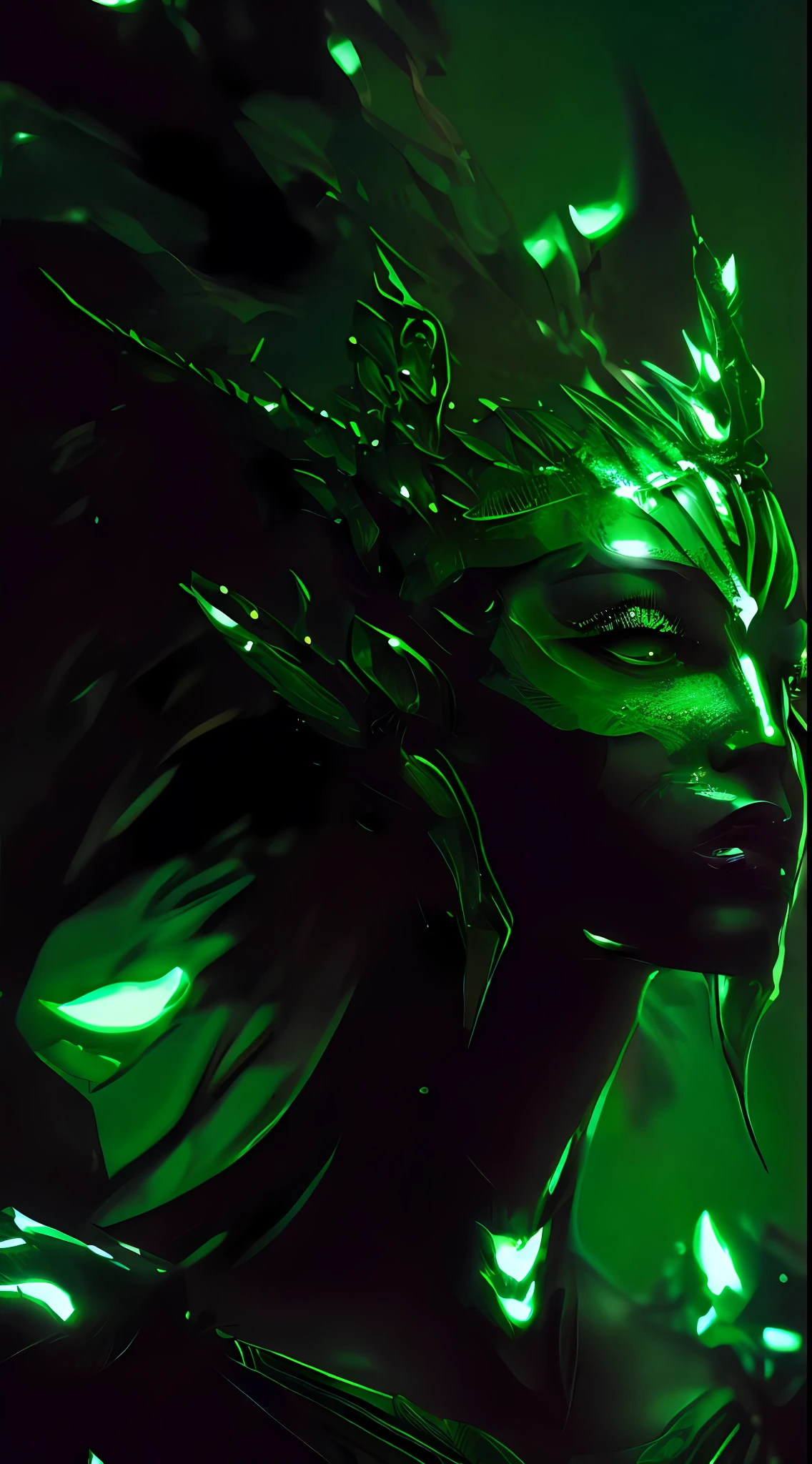 Pro Goddess, Medium Scene, Abstract, Near Perfect, Focus, Sharp, Green Face, Cinematic Lighting, Highly Detailed, Zbrush, 3d Rendering, Bokeh, ArtStation, Concept Art, Smooth, Clear Focus, 8K, Illustration, Carne Griffiths Art, Dark Black Tones