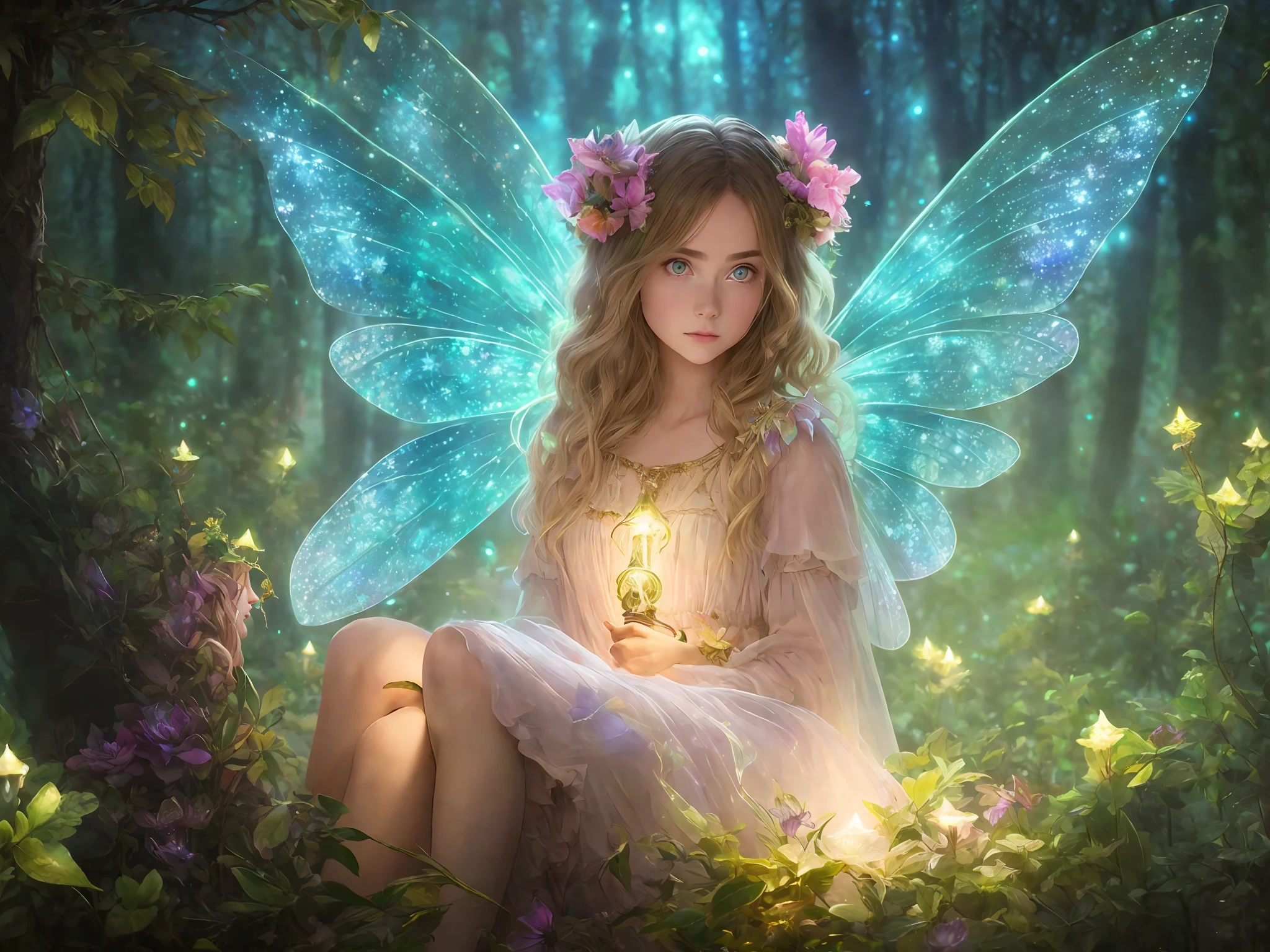 (highly detailed:1.2),(best quality:1.2),(8k:1.2),sharp focus,(subsurface scattering:1.1),award-winning photograph
(glowing bioluminescent forest:1.2),adorable chibi fairy ,kiernan shipka mackenzie foy barbara palvin, iridescent fairy wings
(very detailed background:1.2),(magical fantasy:1.0), (knollingcase:1.1),(dreamlikeart:1.1), dramatic lighting, by greg rutkowski alphonse mucha wlop, size 2160 x 1216