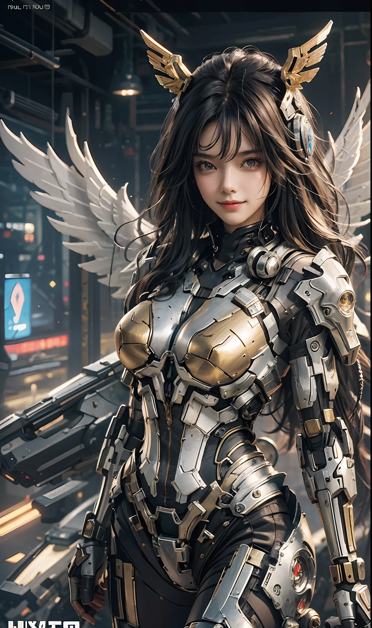 masterpiece,(bestquality),highlydetailed,ultra-detailed,1girl,(mechanicalwings:golden,glowingeyes:blue,goldenrarmor:1.2,elongatedears:0.8),(cyberpunkcity:1.5,weapon:energyblade),(fantasylandscape:1.2,natural lighting:1.5,confidentexpression),(panorama:1.2),mecha, smile,angle,Angels, wings,gold,raw